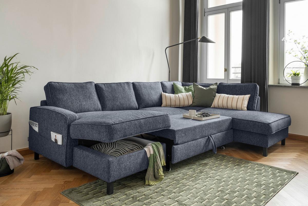 Sedačka MELANIE U, pravá, tm.modrá, úl.prostor a lůžko - černá/tmavě modrá, dřevo/textil (148/298/198cm) - MID.YOU