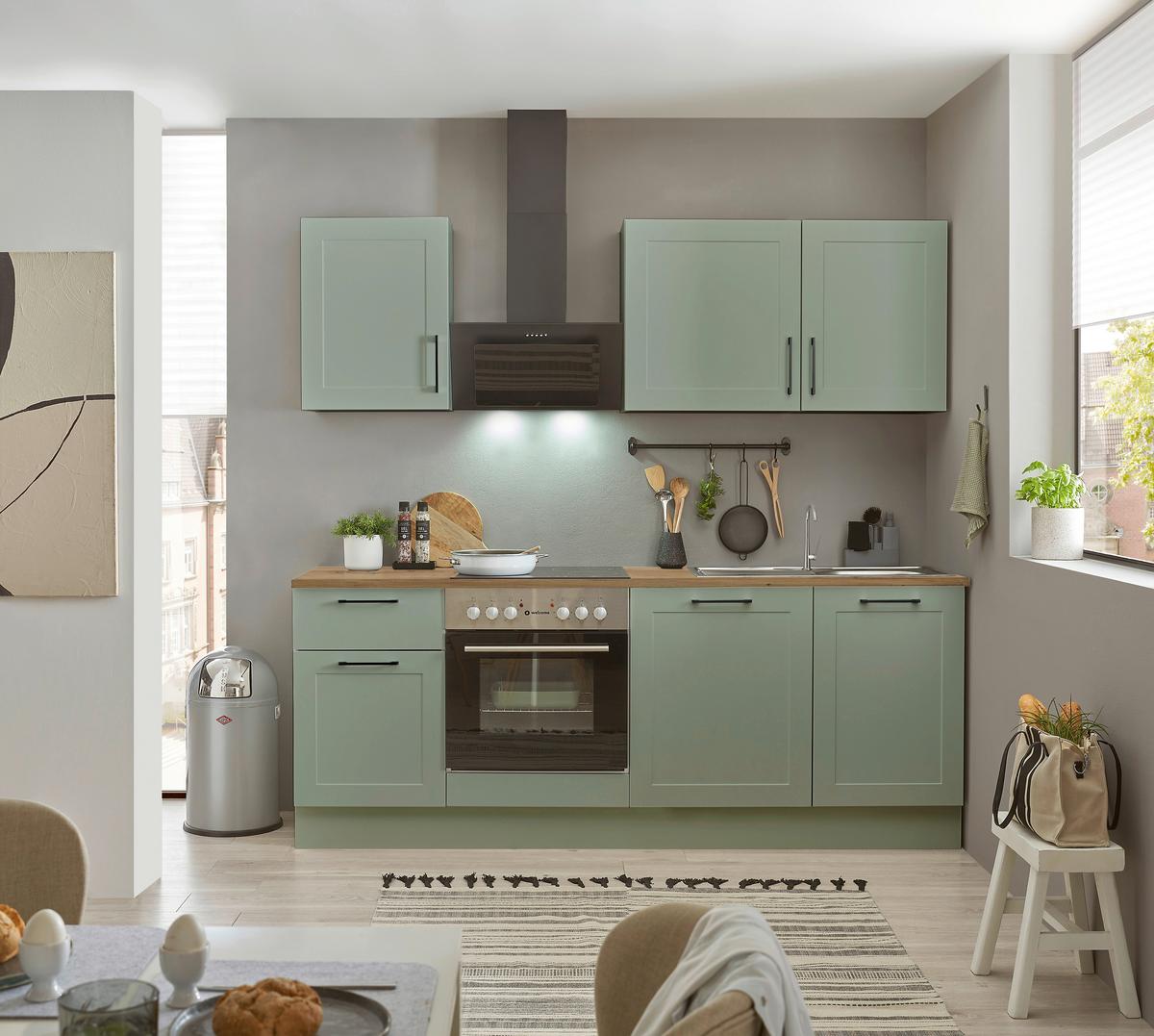 Kuchyňský blok bez spotřebičů MARSEILLE, šířka 220 cm - černá/zelená, Design, kov/kompozitní dřevo (220cm) - MID.YOU