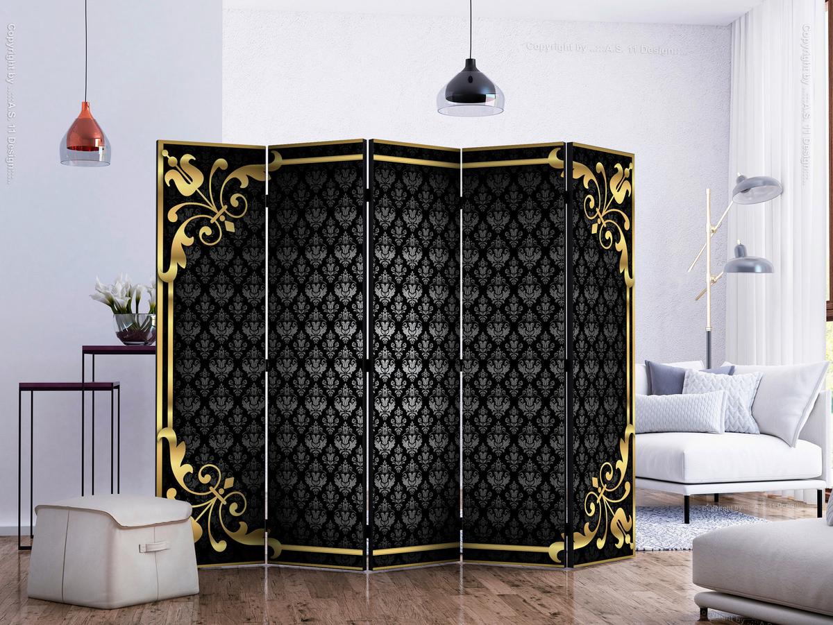 Paravent Schwarz Goldfarben B: 225 Cm - Goldfarben/Schwarz, Basics, Holz/Textil (225/172/3cm) - artgeist