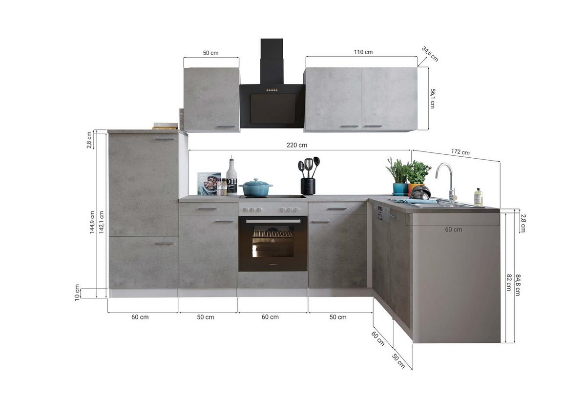 Eckküche Malia 280x172 cm Grau, mit Geräte - Weiß/Grau, Basics, Holzwerkstoff (280/172cm) - Respekta