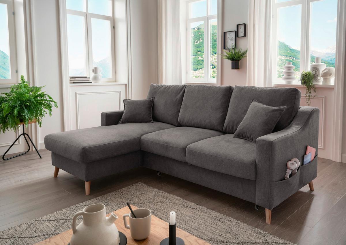 Ecksofa mit Schlaffunktion Valentina mit Kissen Anthrazit - Anthrazit/Naturfarben, KONVENTIONELL, Textil (150/228cm) - P & B