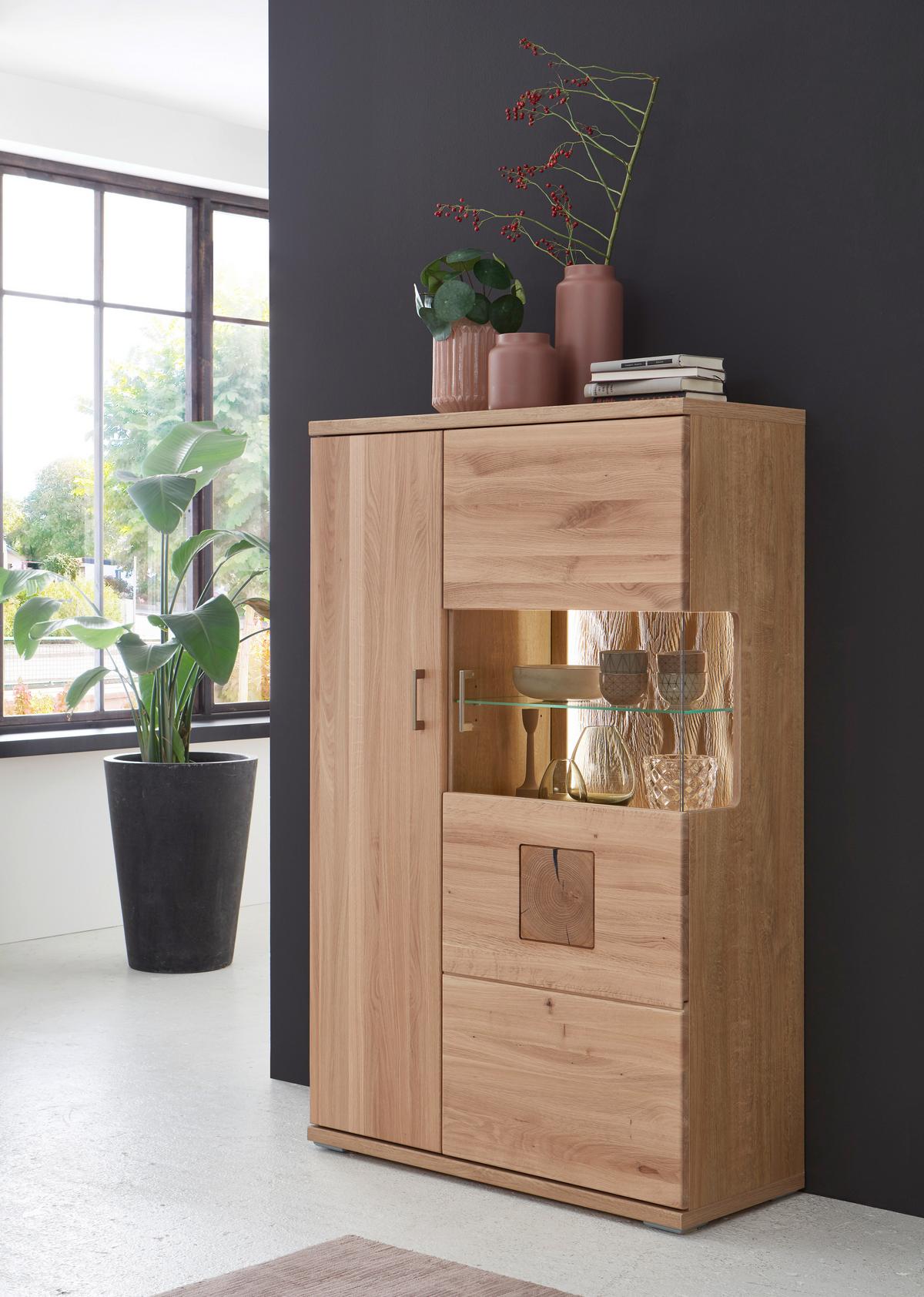 Wohnwand Kansas - Alteiche/Silberfarben, KONVENTIONELL, Glas/Holz (330/208,3/50,2cm) - Livetastic