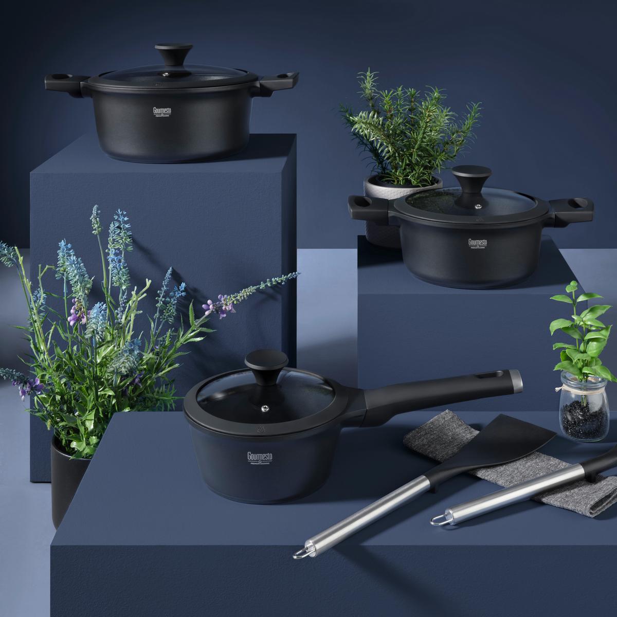Sada hrncov 3 hrnce + 3 pokrievky - čierna/číra, Konventionell, kov/plast - Gourmesto