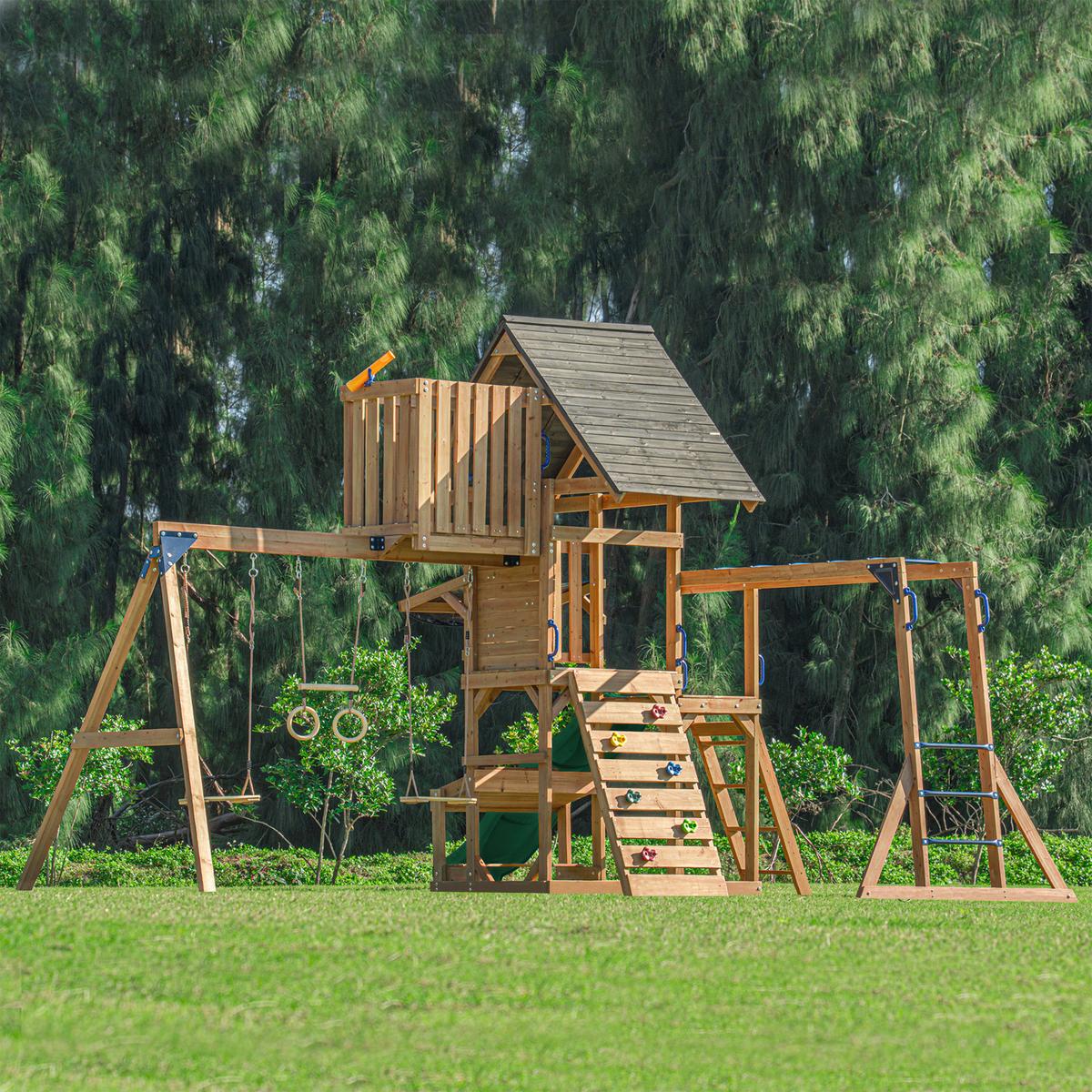 Spielturm Mit Rutsche Grün - Dunkelgrün/Anthrazit, Basics, Holz/Kunststoff (482/500/338cm) - Ambia Garden