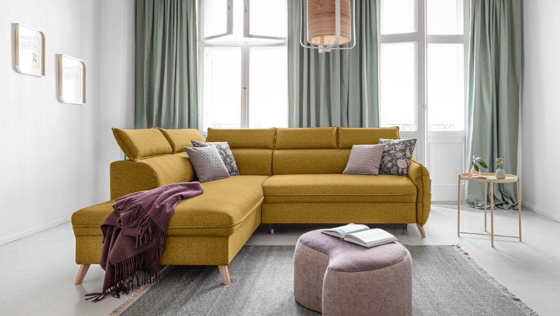 Rozkladacia sedačka Simone, ľavé prevedenie - horčicovožltá/prírodná farba, Modern, drevo/textil (253/82/95/208cm)