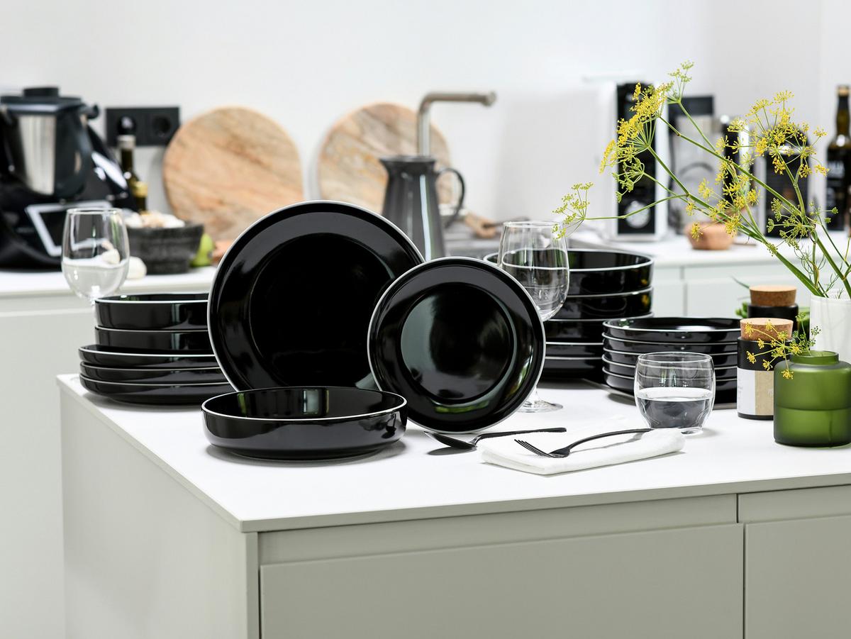 Tafelservice Nordic Gourmet Schwarz, 6 Pers., 18-teilig - Schwarz Hochglanz/Weiß, Basics, Keramik - Creatable