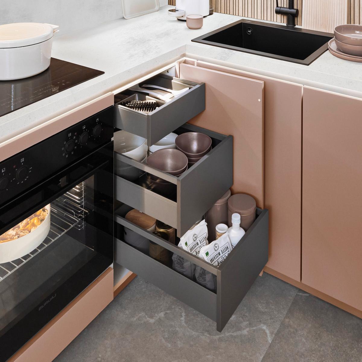 Eckküche Sidney/Riga - Sandfarben/Koralle, Basics, Holzwerkstoff (185/288cm) - Vertico