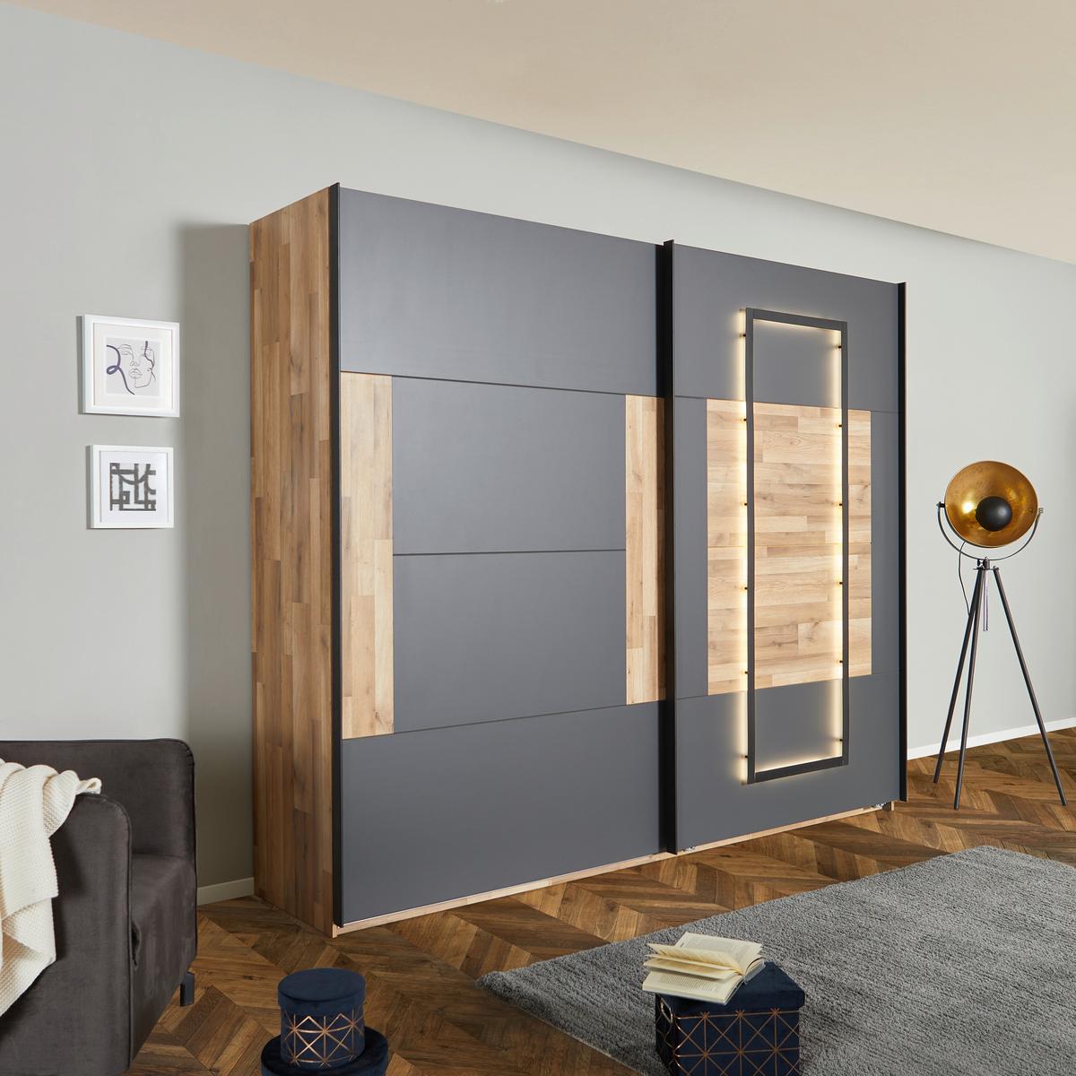 Schwebetürenschrank + LED 270cm , Graphit/Eiche Dekor - Eichefarben/Graphitfarben, KONVENTIONELL, Holzwerkstoff (270/225,5/60cm) - James Wood