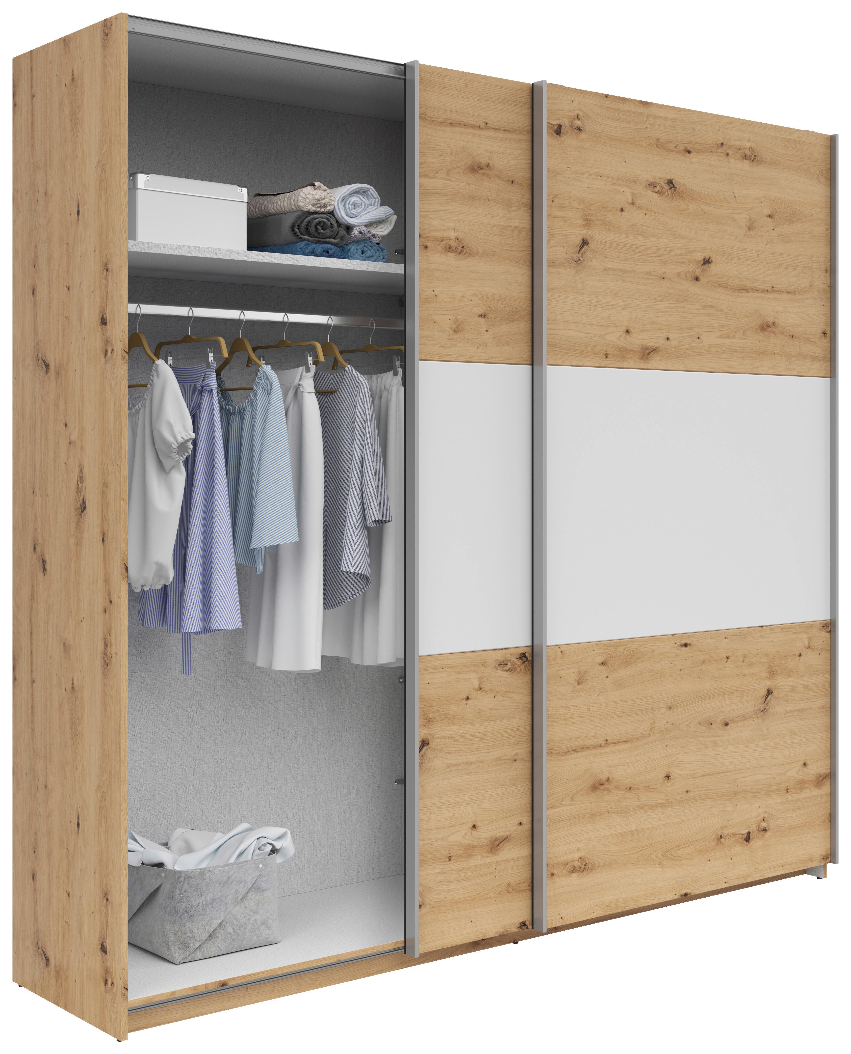 Schwebetürenschrank 218 cm Saturn Weiß Dekor - Eichefarben/Weiß, KONVENTIONELL, Holzwerkstoff (218/210/59cm)