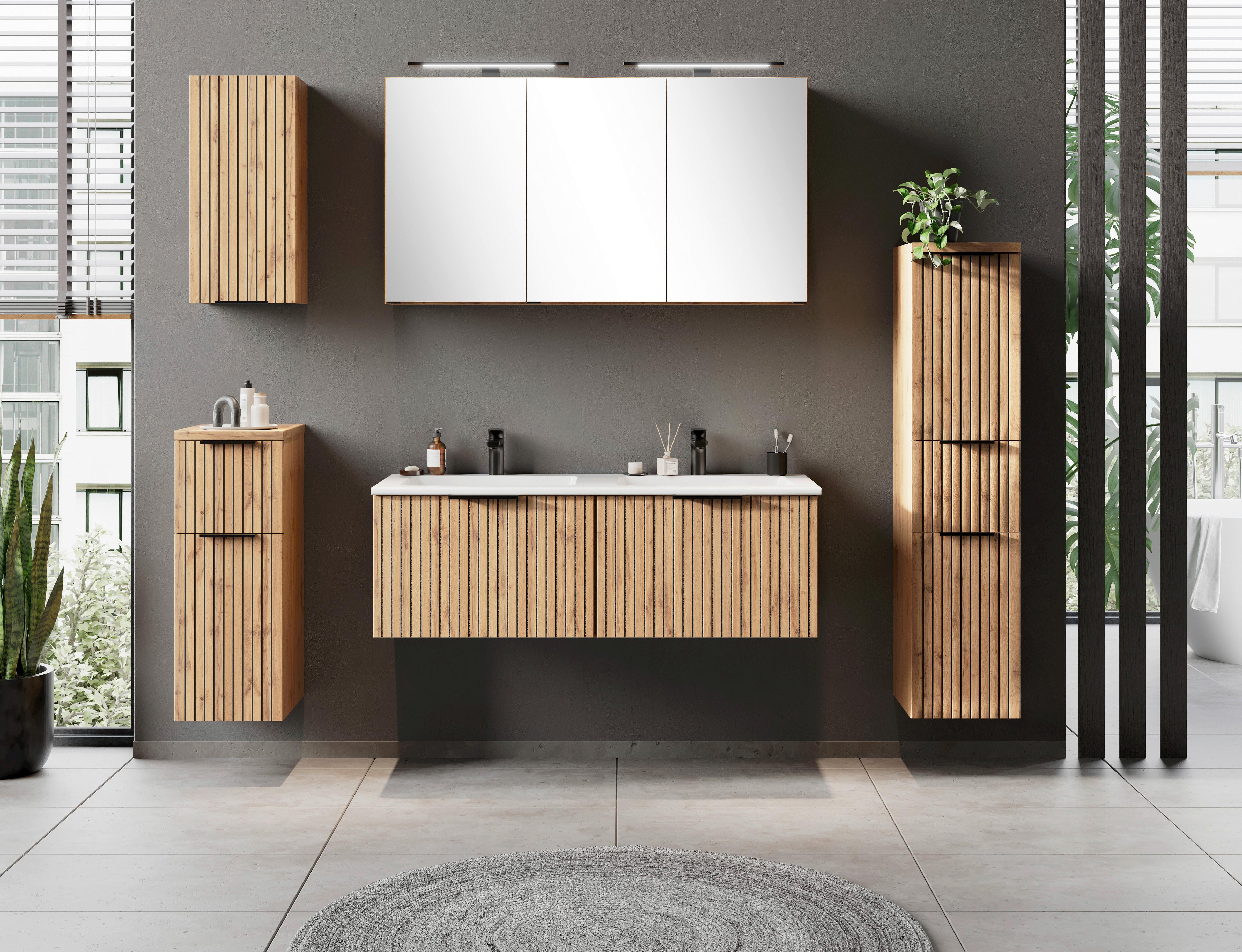 Waschbecken mit Unterschrank Chester B: 120 cm - Eiche Wotan/Schwarz, MODERN, Holzwerkstoff/Stein (120cm) - Held
