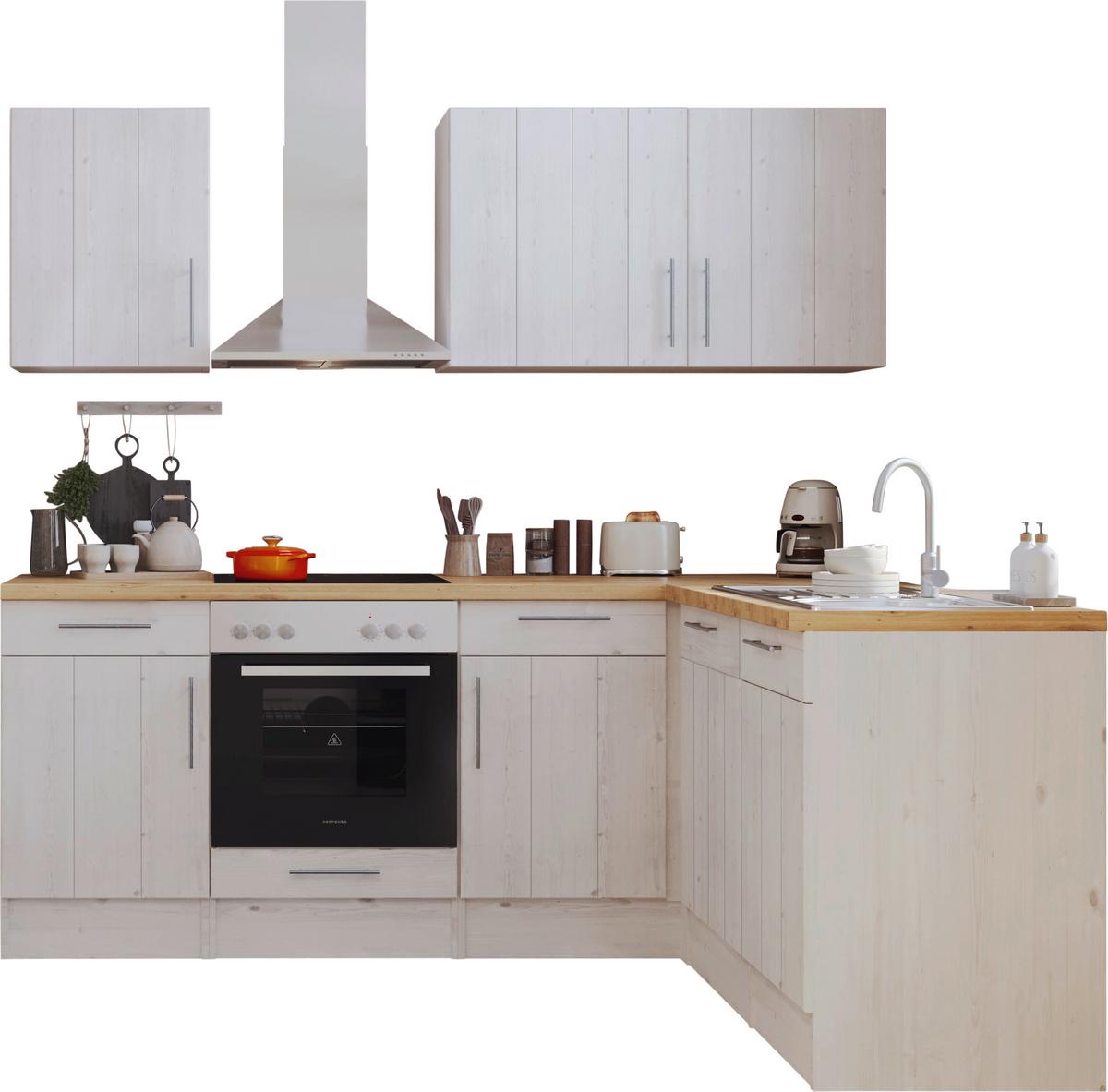 Eckküche Premium mit Geräten 220x172 cm Weiß/Eiche Dekor - Eichefarben/Weiß, ROMANTIK / LANDHAUS, Holzwerkstoff (220/172cm) - Respekta