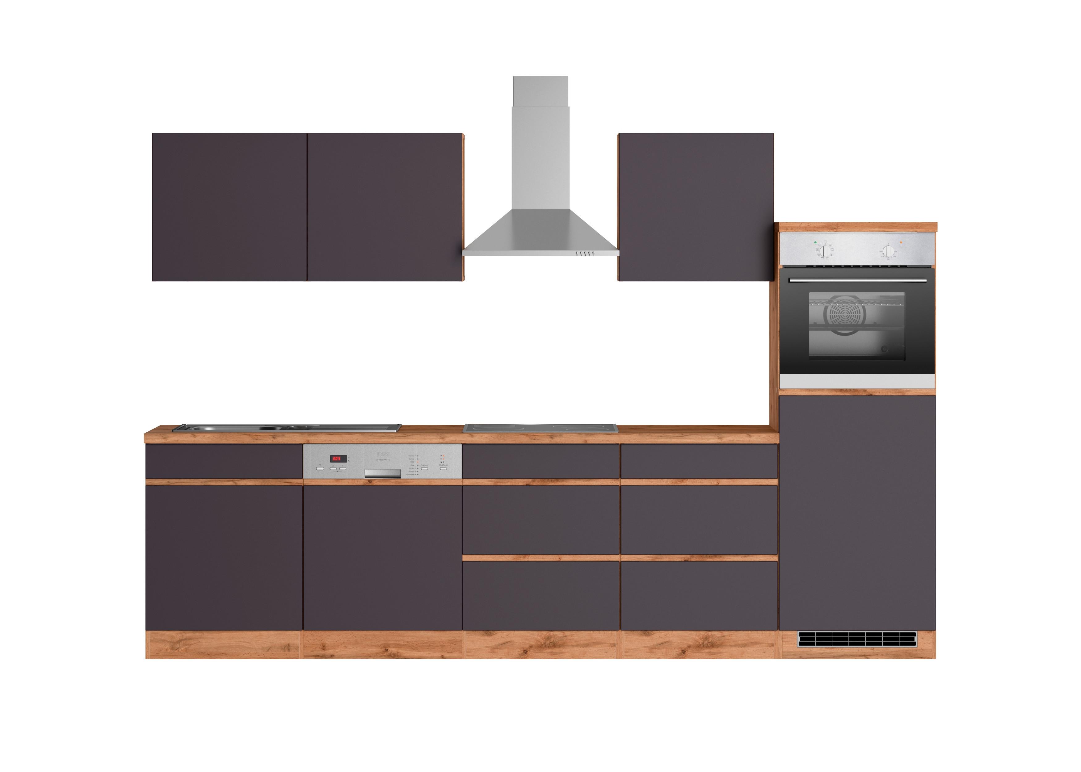 Küchenzeile Turin mit Geräten B: 300 cm Grau/Eiche Dekor - Eiche Wotan/Grau, Design, Holzwerkstoff (300cm) - Held