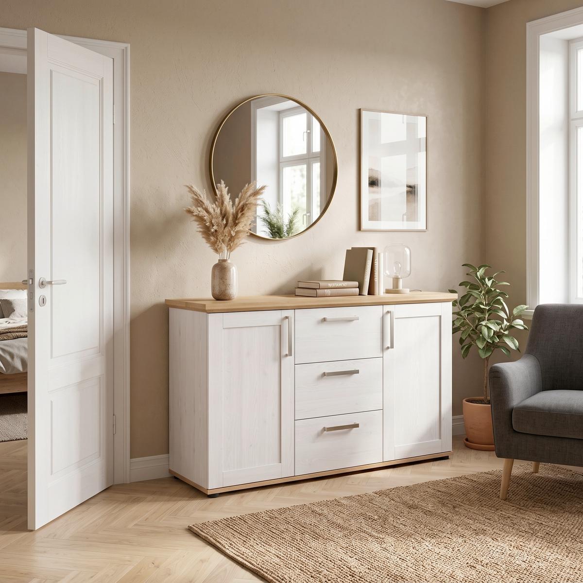 Tálalószekrény Verona - Artisan tölgy/fehér, Design, faalapú anyag (129/80/40cm) - Livetastic