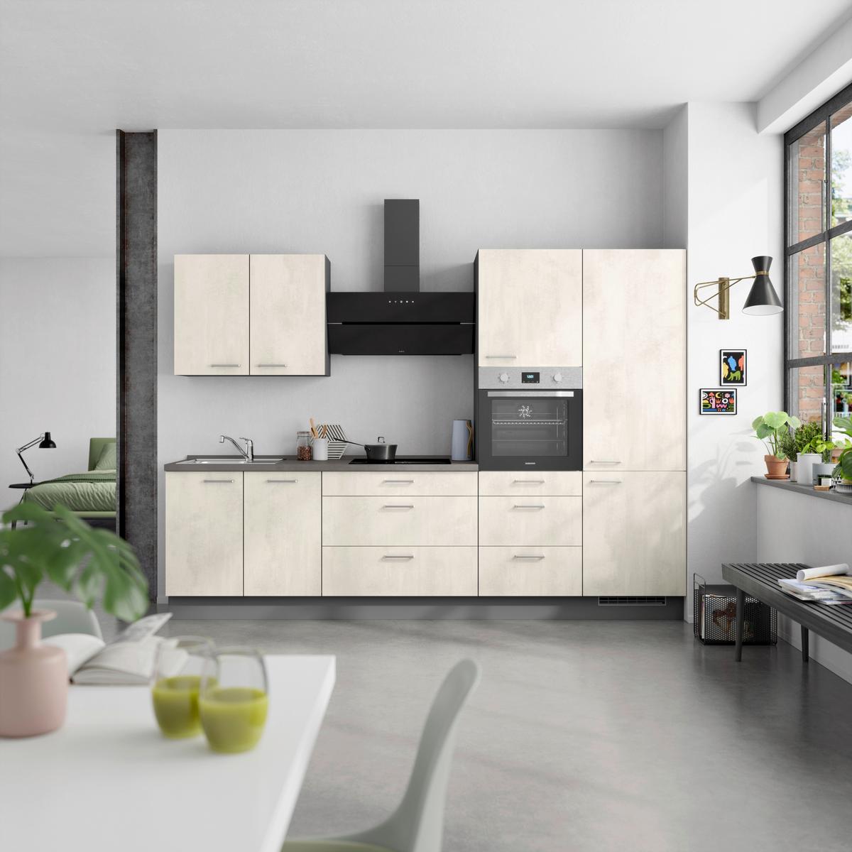 Kuchynská linka 300CM biely betón/ bridlicová šedá - biela/farba ušľachtilej ocele, Modern, kov/kompozitné drevo (300cm) - Nobilia