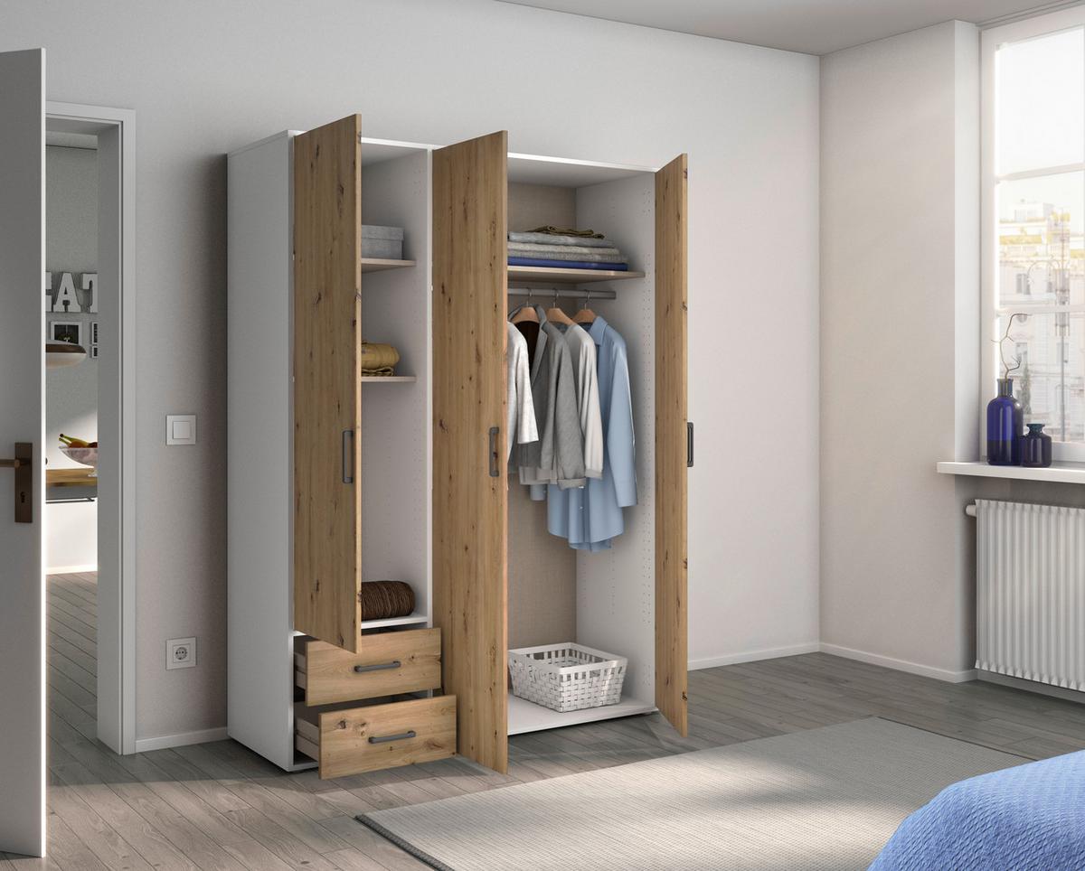 Drehtürenschrank Voyager Weiß,eiche Artisan B: 140 cm - Eiche Artisan/Weiß, MODERN, Holzwerkstoff (140/194/53cm) - Rauch Möbel