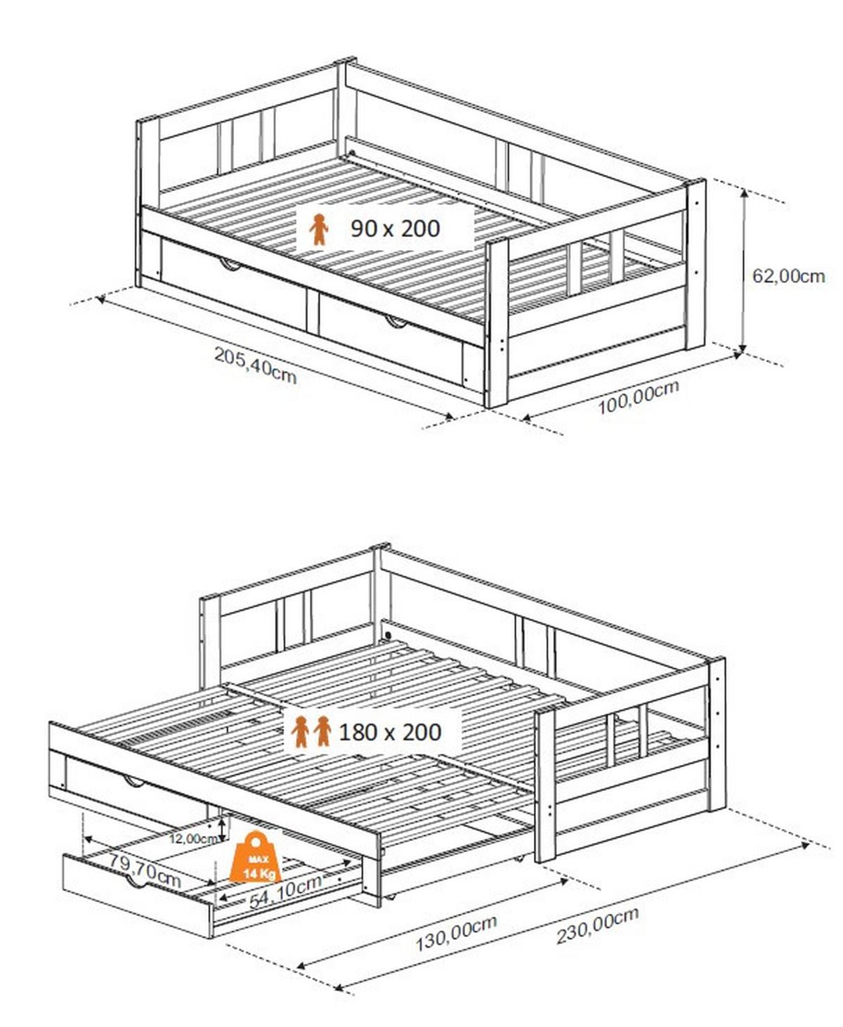 Ausziehbett Mit Lattenrost 205,5x100 Cm Livio Weiß - Weiß/Naturfarben, ROMANTIK / LANDHAUS, Holz/Holzwerkstoff (90/200cm) - MID.YOU