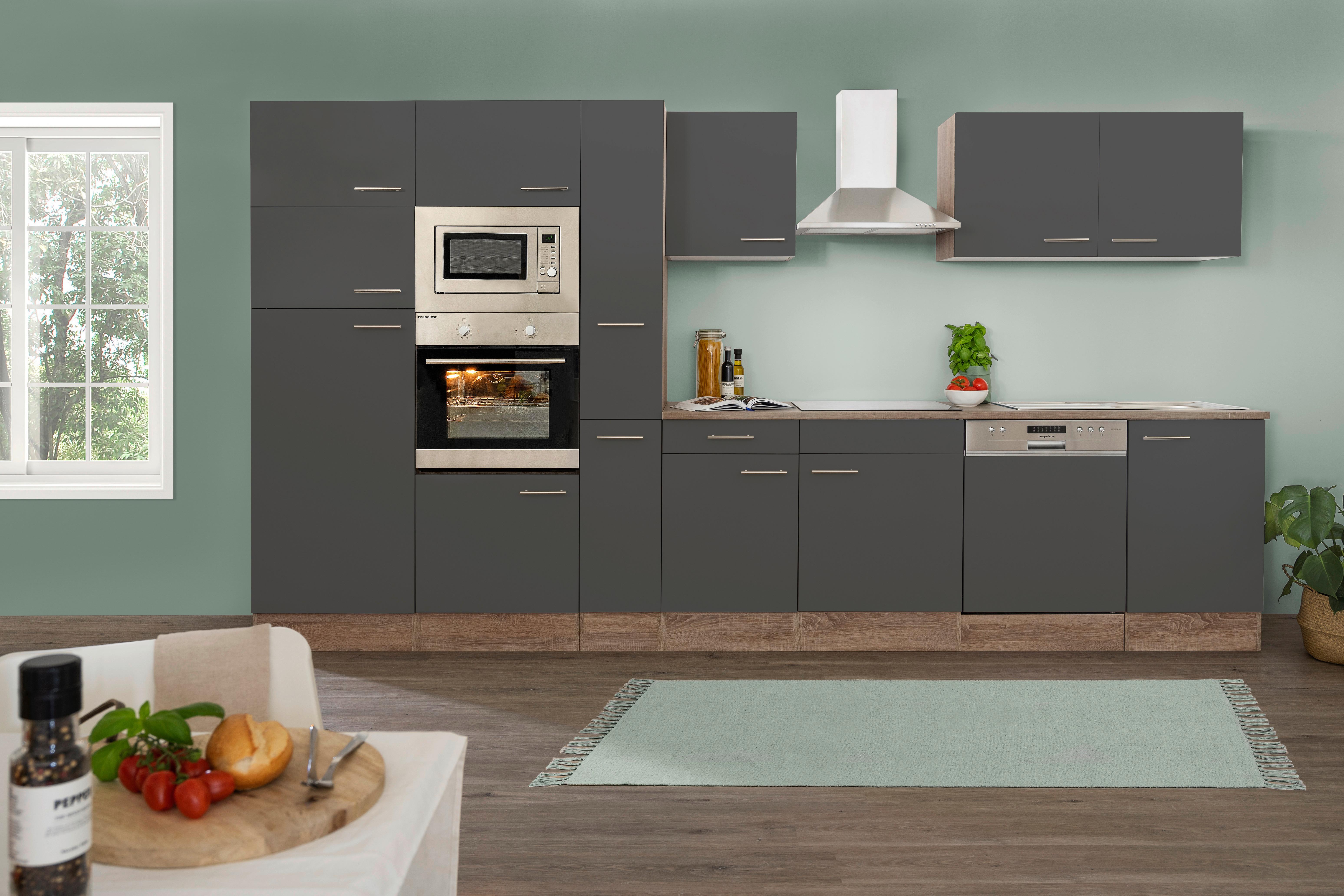 Küchenzeile mit Geräten B: 370 cm Grau/Eiche Dekor - Eichefarben/Grau, MODERN, Holzwerkstoff (370cm) - Respekta