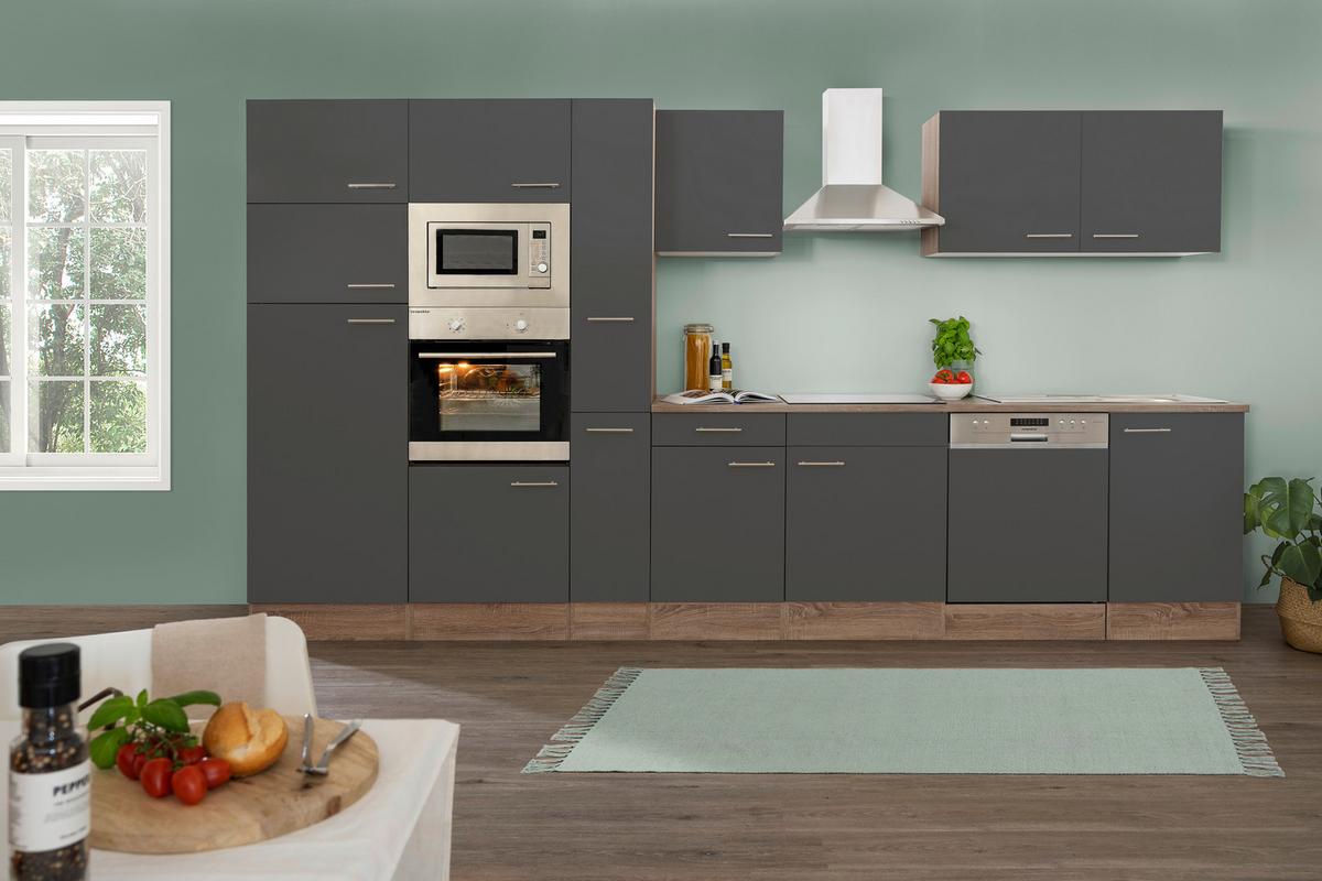 Küchenzeile mit Geräten B: 370 cm Grau/Eiche Dekor - Eichefarben/Grau, MODERN, Holzwerkstoff (370cm) - Respekta