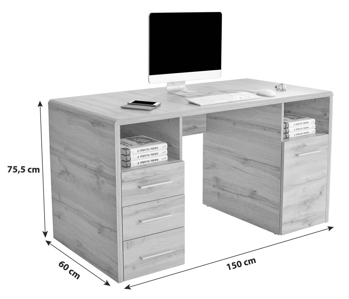 Schreibtisch mit Stauraum B: 150cm H: 75,5cm Eiche Dekor - Eichefarben, MODERN, Holzwerkstoff (150/75,5/60cm)