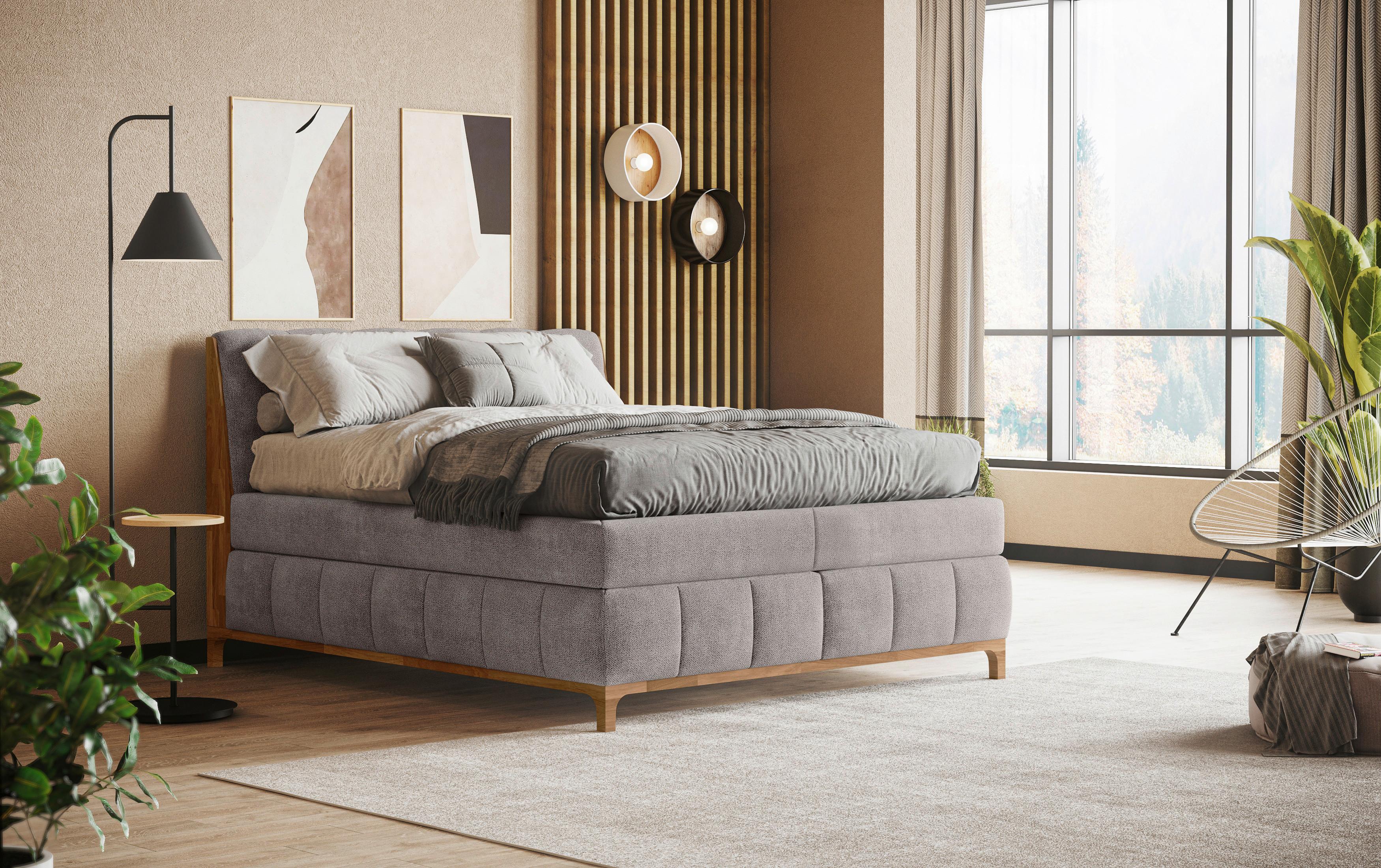 Boxspringbett Moon mit Topper 160x200 cm - Taupe/Eichefarben, MODERN, Holz/Holzwerkstoff (160/200cm) - MID.YOU