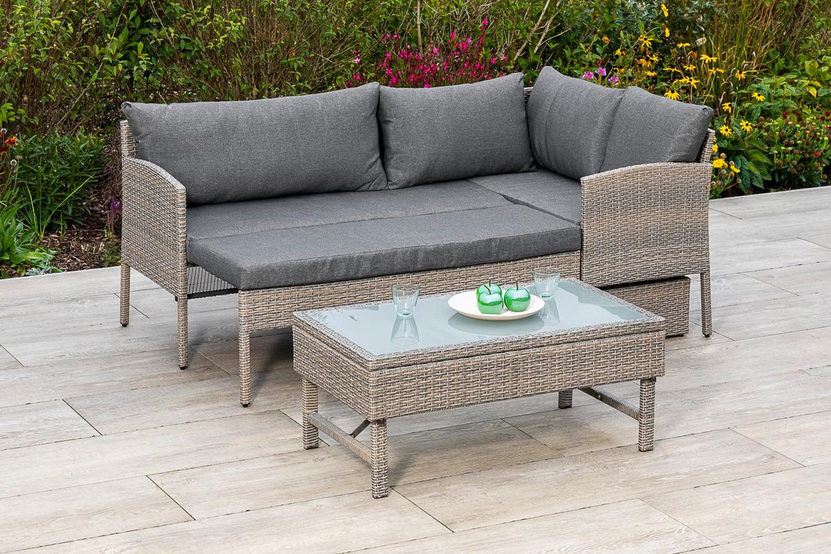 Loungegarnitur Viletta Aus Kunststoffgeflecht mit Kissen - Beige, MODERN, Glas/Kunststoff (190/113cm) - Gardenson