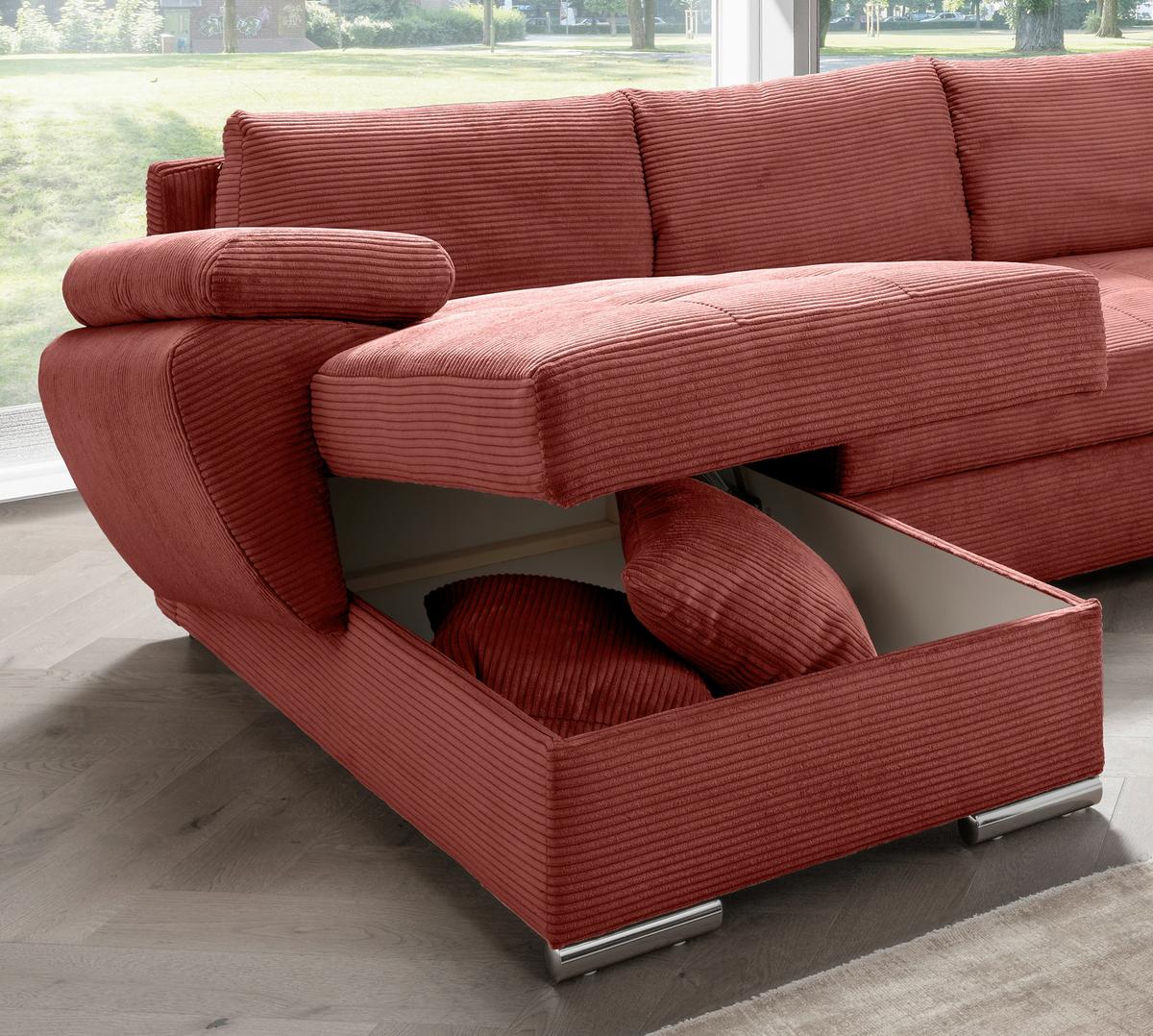 Wohnlandschaft Terana mit Schlaffunktion, Koralle - Chromfarben/Koralle, KONVENTIONELL, Textil (157/305/219cm) - Livetastic