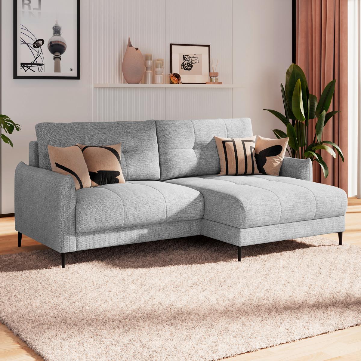 Ecksofa Polis Webstoff hellgrau, 221x142cm - Hellgrau/Schwarz, Trend, Textil (221/142cm) - Ondega