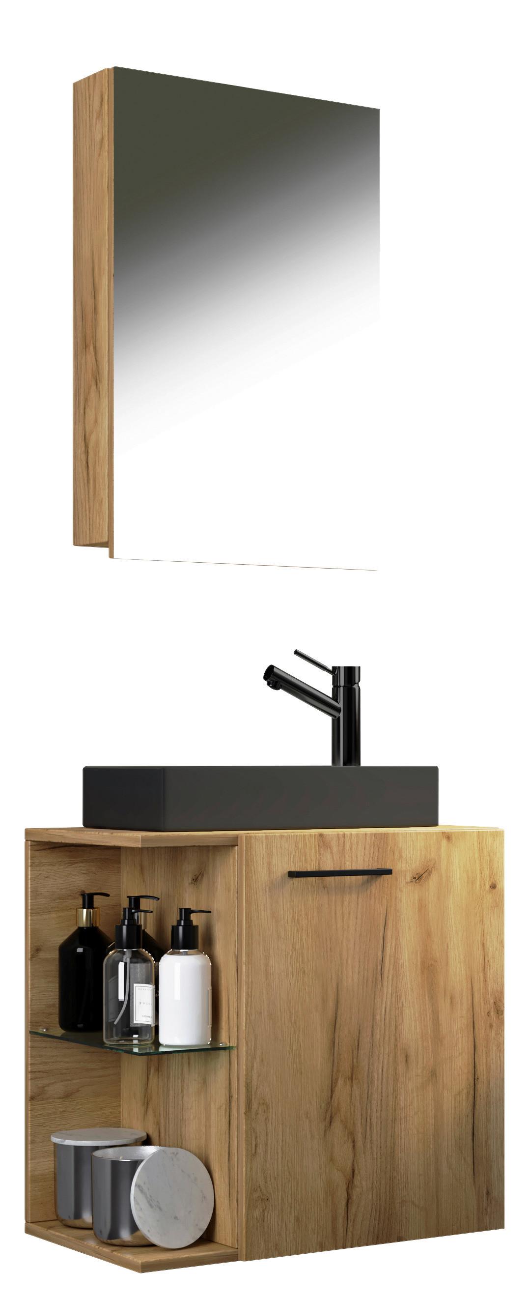 Gästebad Hausa Bl - Honigeiche/Schwarz, MODERN, Glas/Keramik (52cm) - MID.YOU
