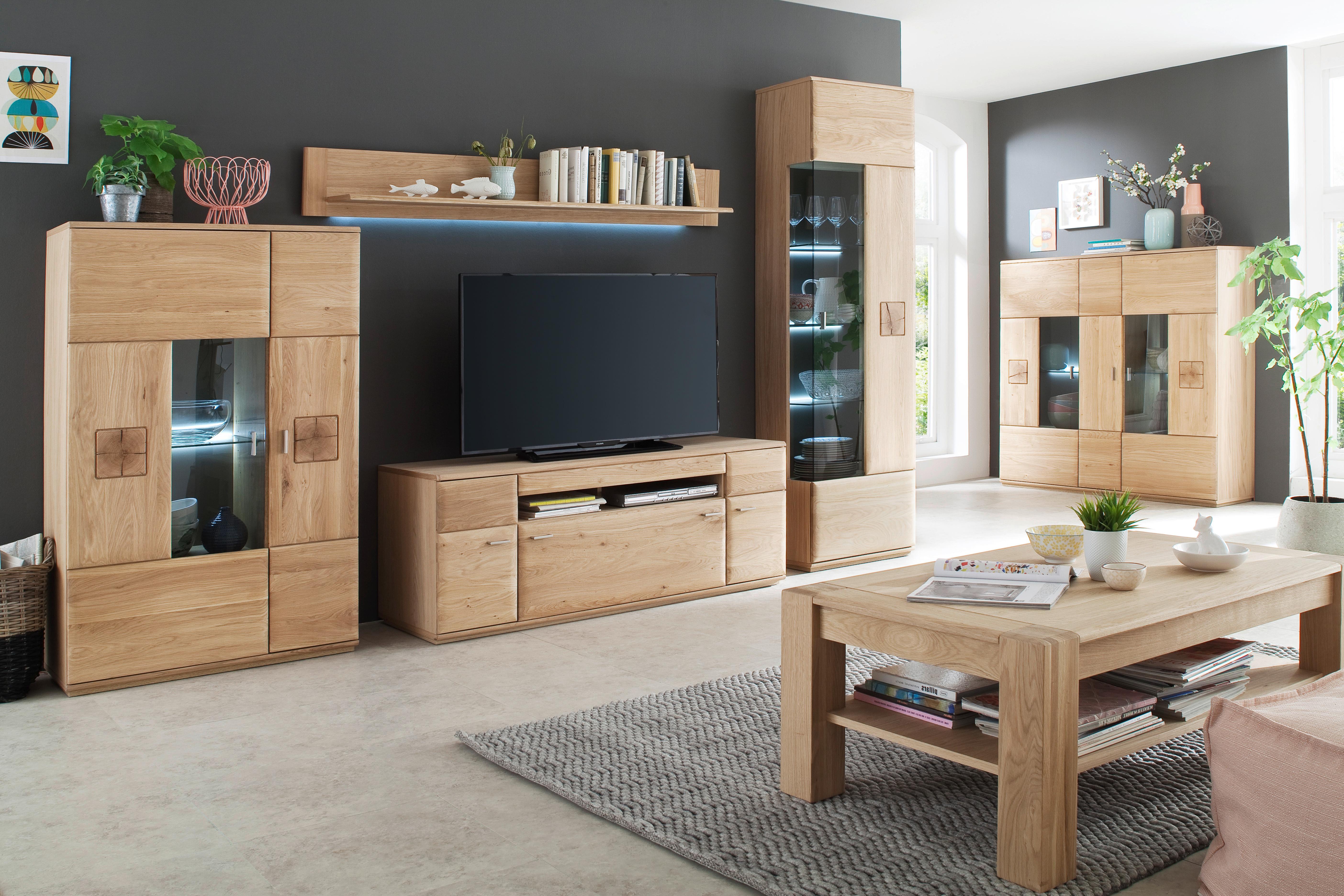 Wohnkombination teilmassiv 4--Teilig. Bologna Eichefarben - Eichefarben, Design, Glas/Holz (320/208/50cm) - Livetastic