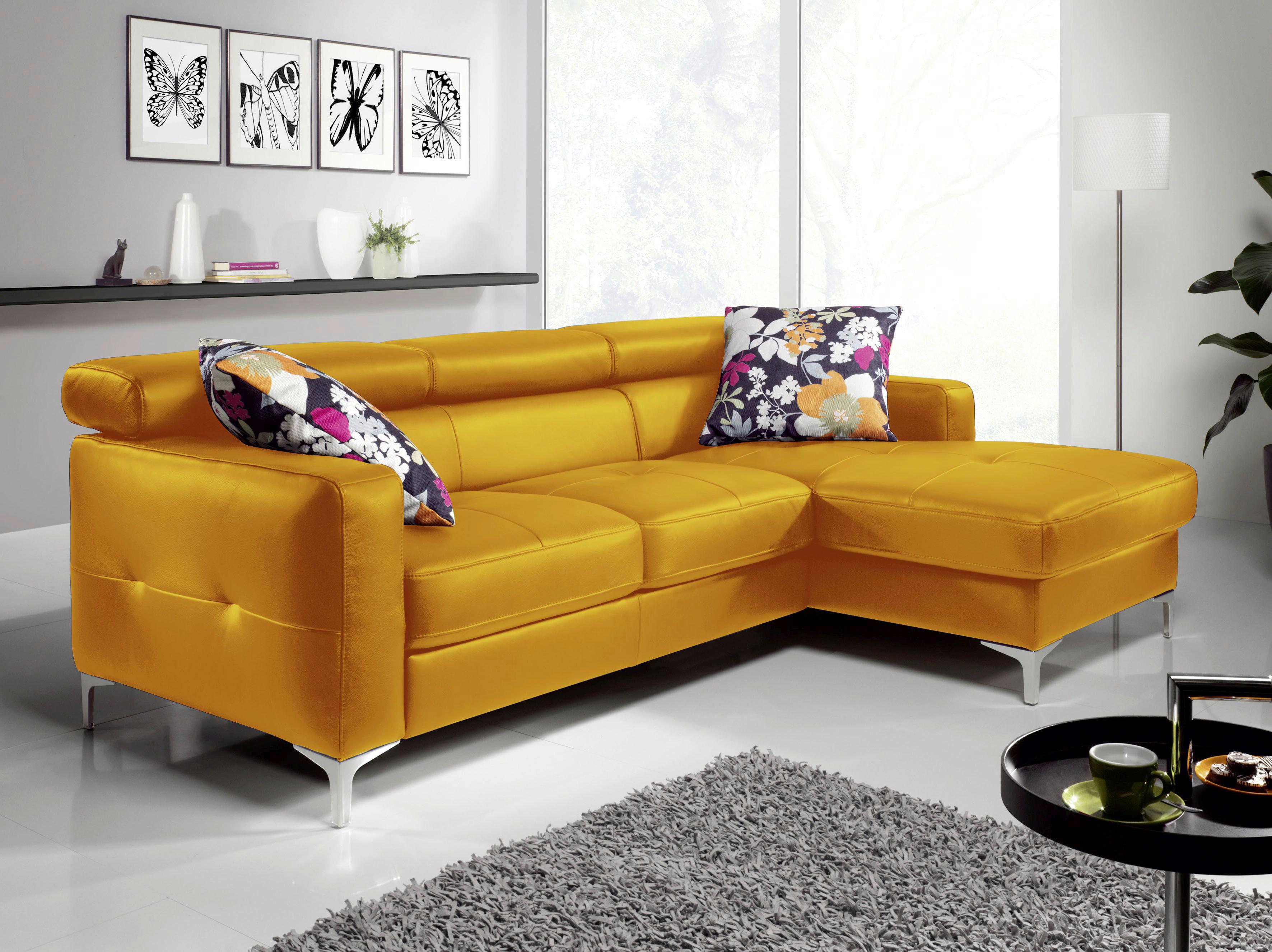 Ecksofa Mit Schlaffunktion Sammy Gelb - Chromfarben/Gelb, Design, Leder (227/168cm) - Livetastic