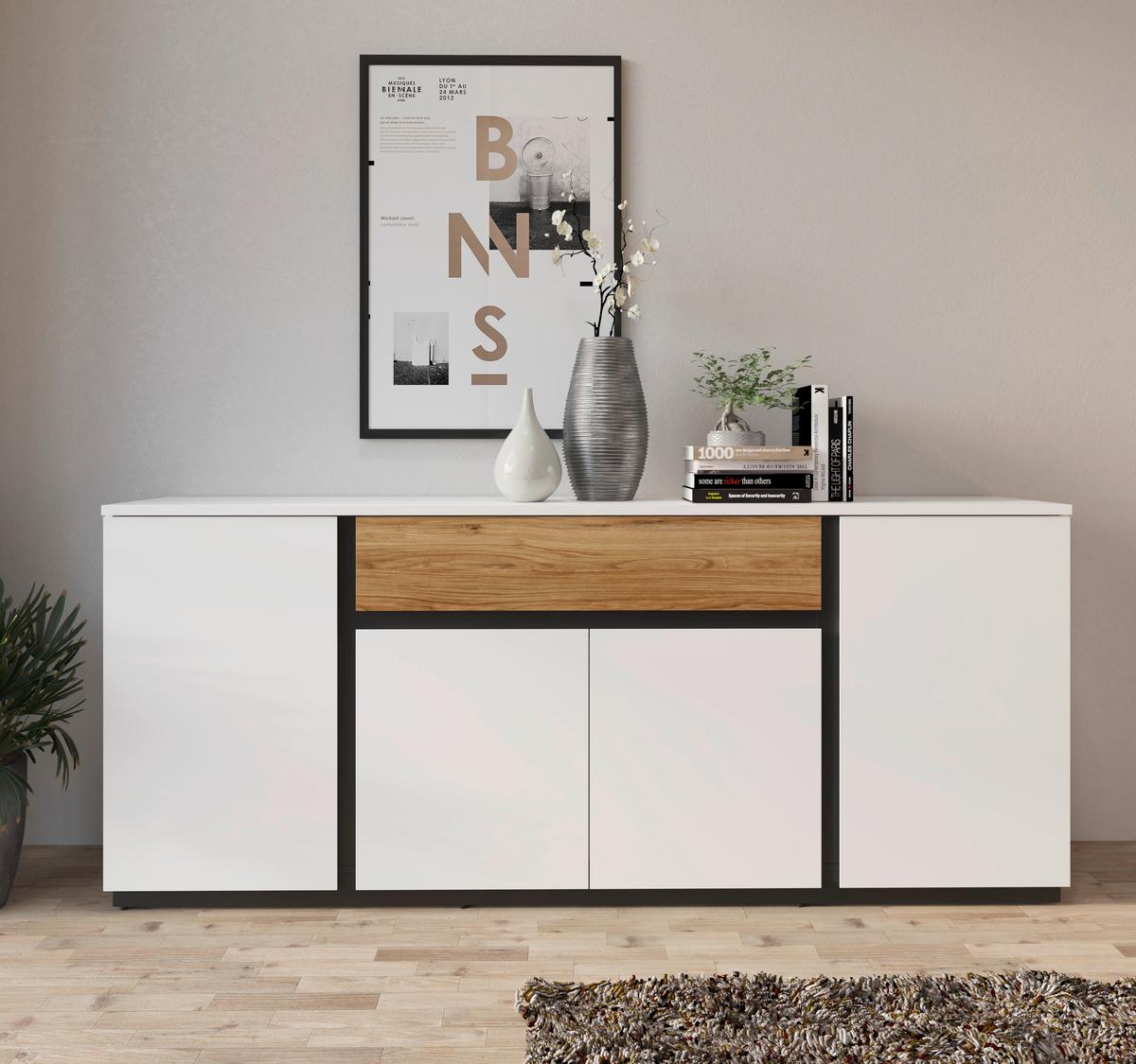 Sideboard Novena Alpinweiß B: 208,8 cm - Eichefarben/Schwarz, Trend, Holzwerkstoff (209/87/40cm)