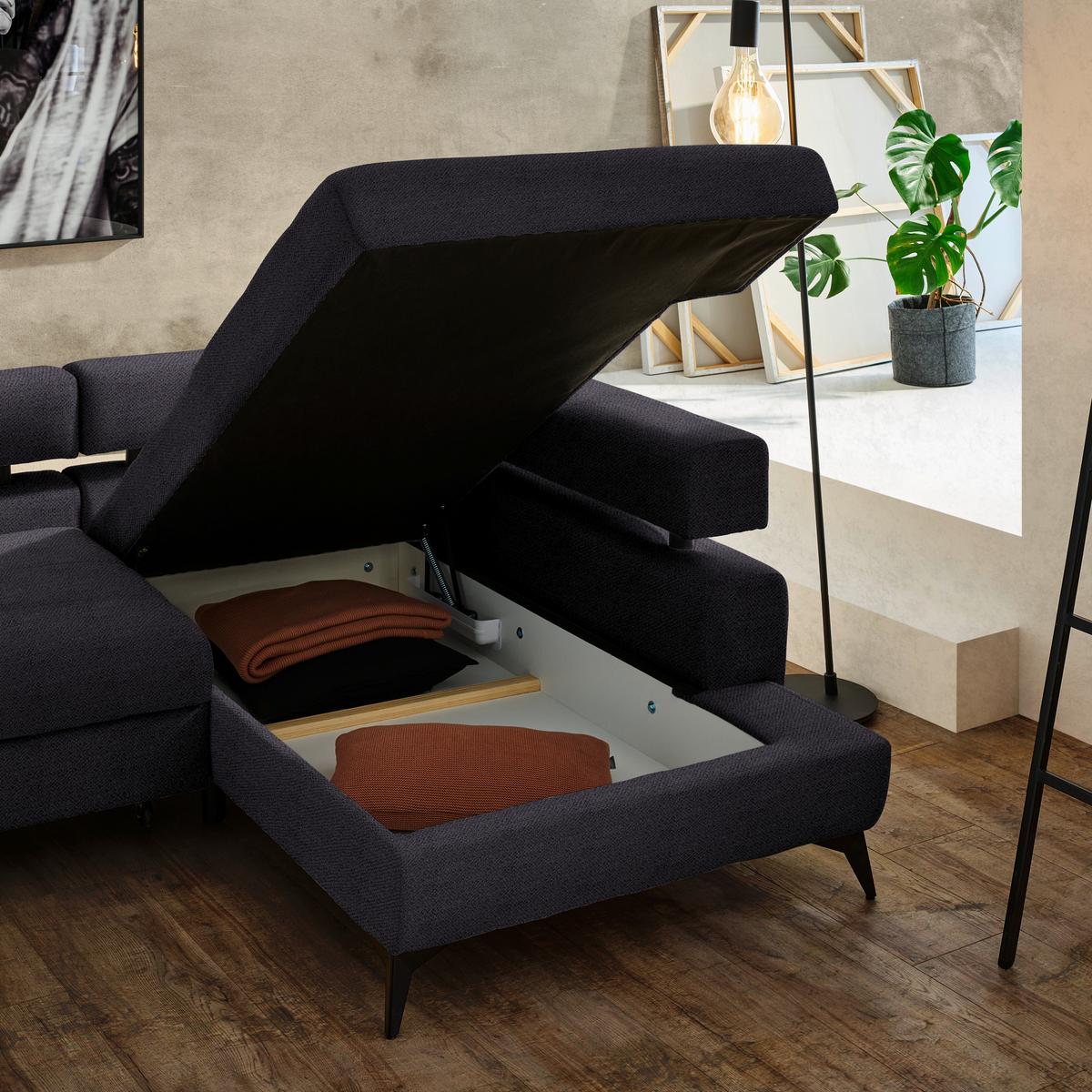 Rohová sedačka ROSALIE, pravá s úložným prostorem a lůžkem - černá, Konvenční, kov/textil (265/184cm)