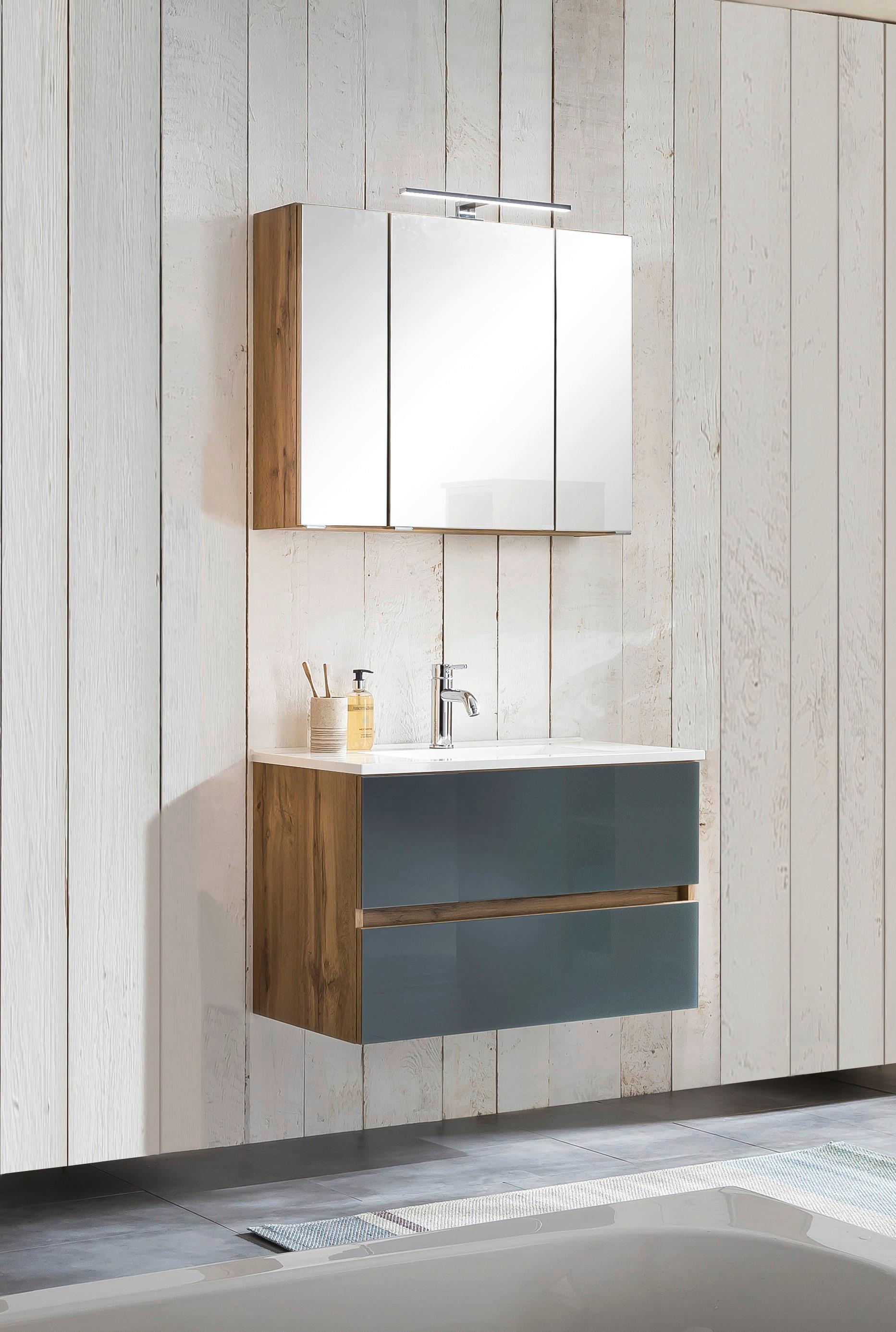 Badmöbel-Set 3--Teilig. inkl. LED Helsinki B: 80 cm, Grau/Eiche - Eichefarben/Weiß, KONVENTIONELL, Glas/Holzwerkstoff (80cm) - Held