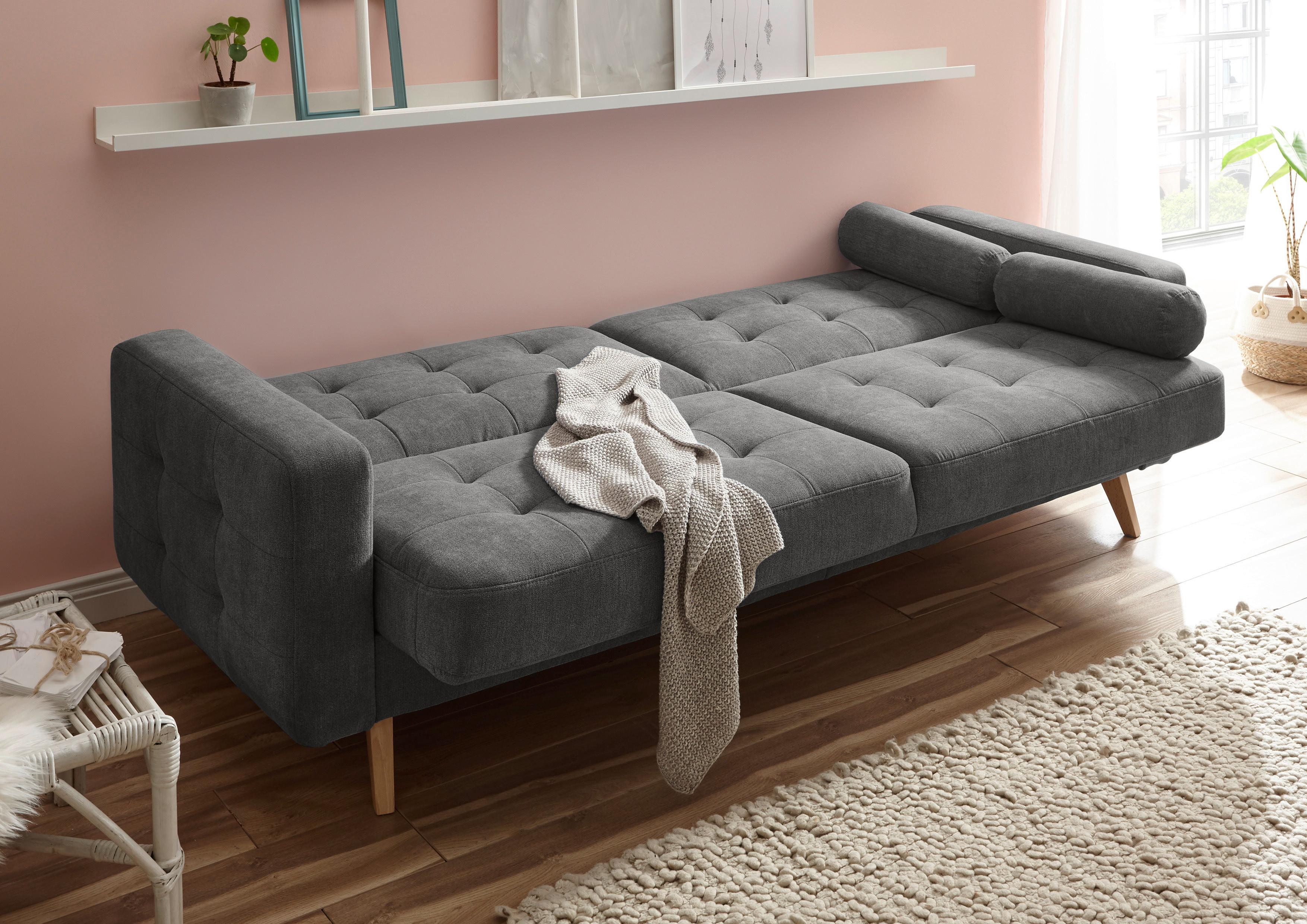 Schlafsofa mit Bettkasten und Kissen Fjord, Webstoff - Schlammfarben/Eichefarben, MODERN, Holzwerkstoff/Textil (222/86/90cm) - MID.YOU