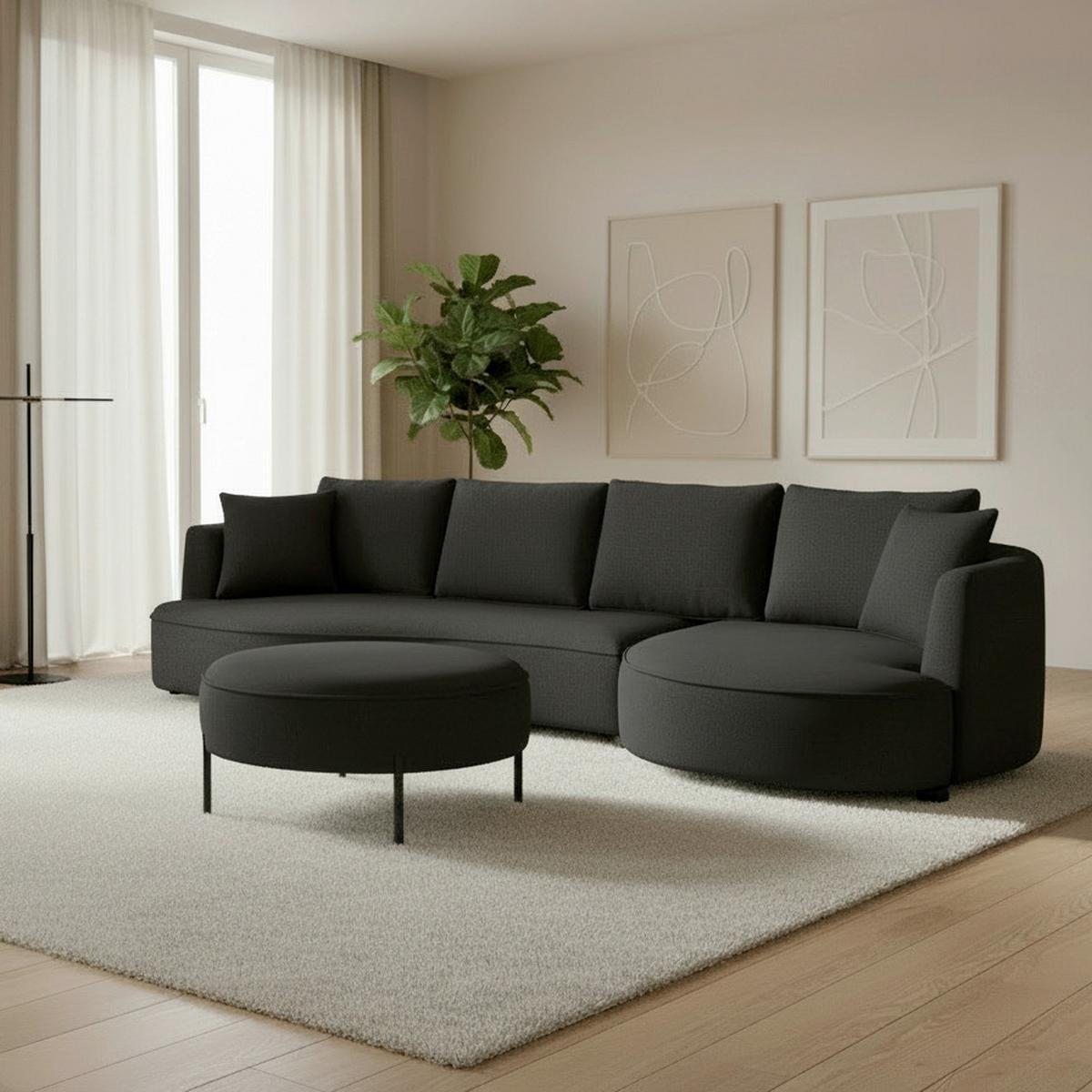 Sedacia súprava NILAS, čierna ženilka, s taburetkou - čierna, Modern, kov/drevo (322/154cm) - Bessagi Home