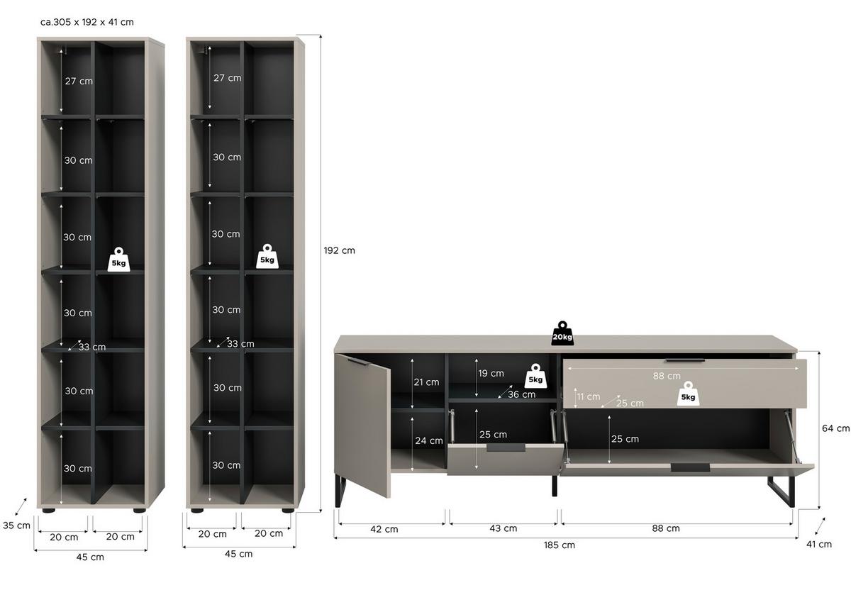 WOHNWAND Noida Kaschmirfarben B: 305cm - Kaschmir/Schwarz, Design, Holzwerkstoff (305/192/41cm) - Livetastic