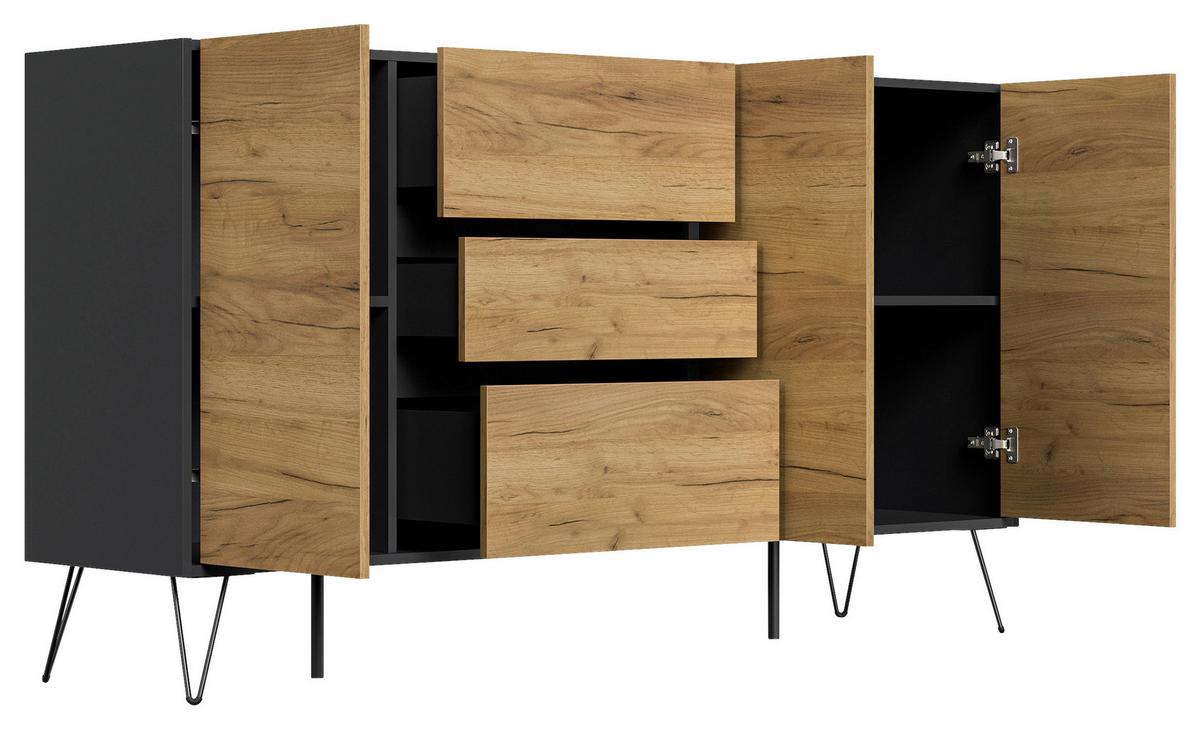 Sideboard Posseik Industrial Eichefarben/graphitf. B: 177cm - Eichefarben/Schwarz, Design, Holzwerkstoff (177/93,6/42cm) - P & B