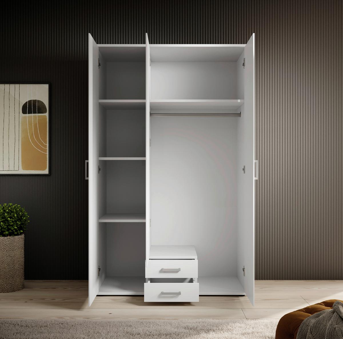 Drehtürenschrank Mit 2 Laden 120 Cm Paul, Weiß 3-Türig - Weiß, Basics, Glas/Holzwerkstoff (120/196/54cm)