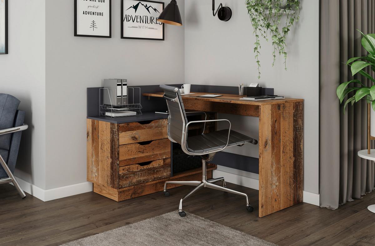 Eckschreibtisch Mit Stauraum Lxbxh: 129x105x83,5 Cm Belfast - Alteiche/Anthrazit, KONVENTIONELL, Holzwerkstoff (129/105/83,5cm) - MID.YOU