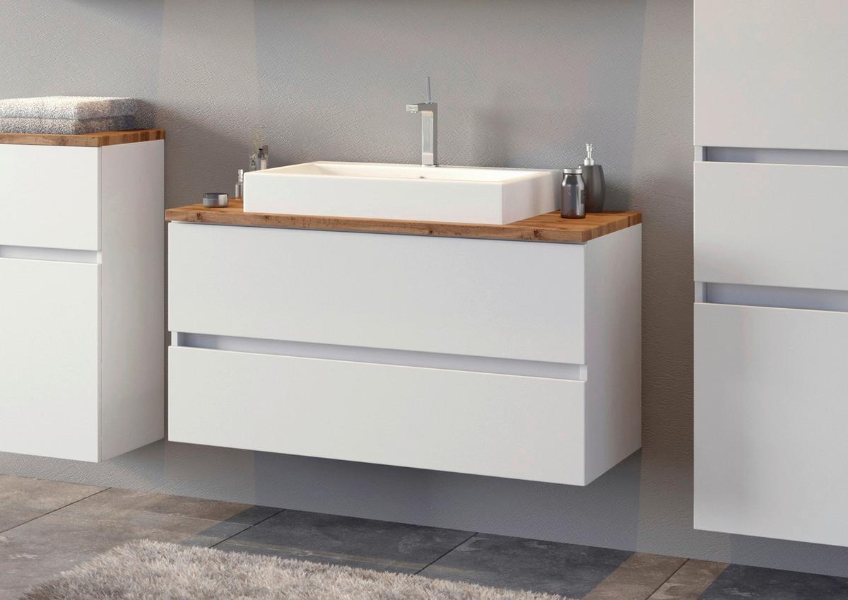 Waschbecken Mit Unterschrank B: 100 Cm, Weiß Dekor - Eichefarben/Weiß, Basics, Keramik/Holzwerkstoff (100cm) - Held