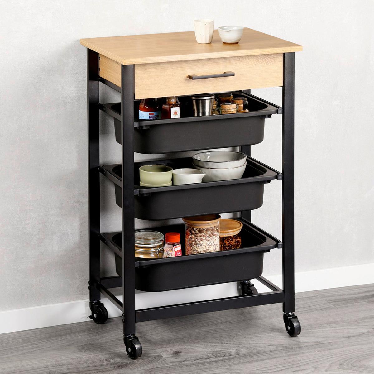 SERVIERWAGEN Schwarz/Eichefarben B: 47 cm - Eichefarben/Schwarz, Trend, Holzwerkstoff/Kunststoff (47/37/81.5cm) - Kesper