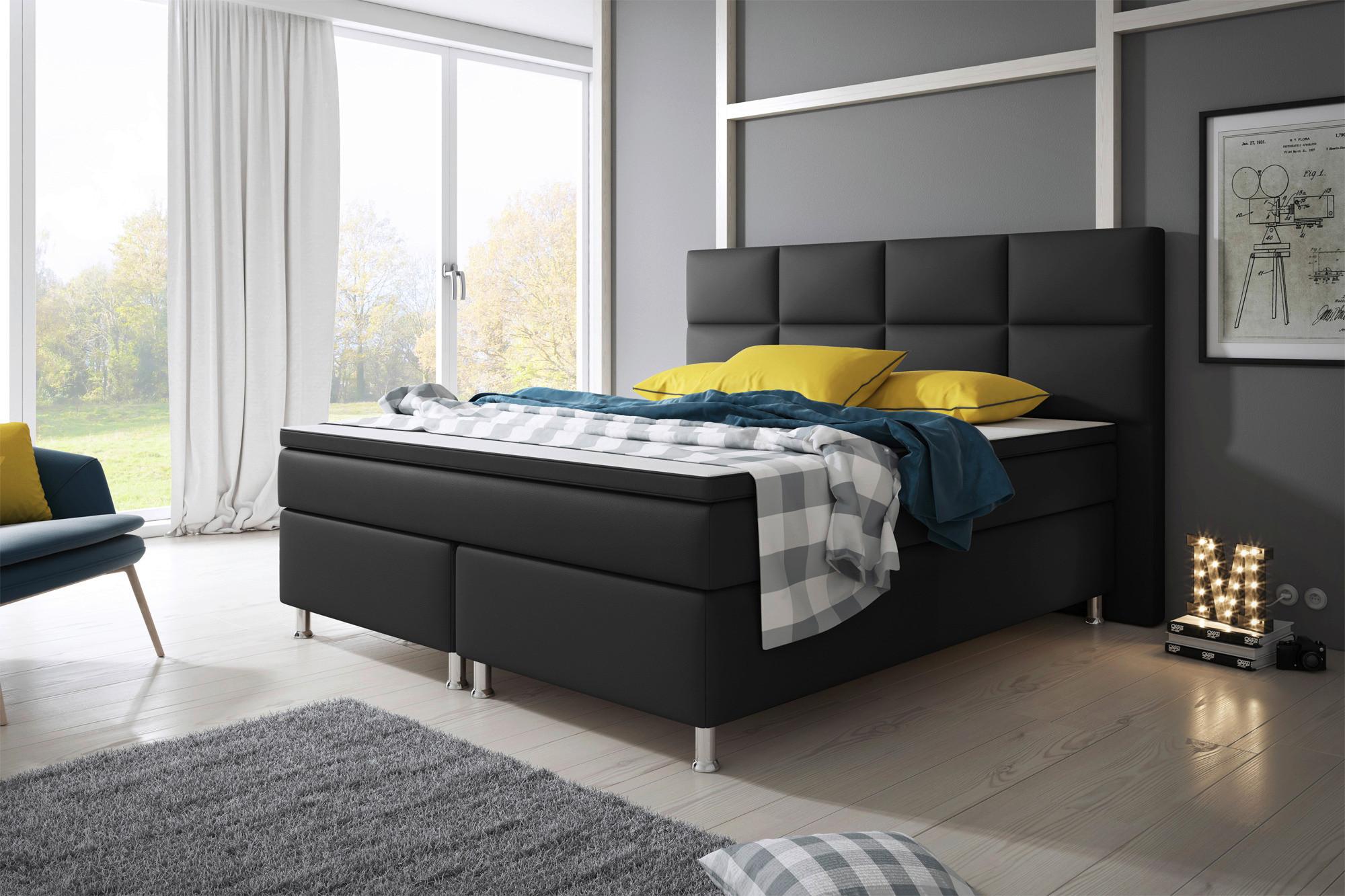 Boxspringbett Mit Topper 180x200cm Miami-Bk - Silberfarben/Schwarz, KONVENTIONELL, Leder/Textil (200/125/210cm) - MID.YOU