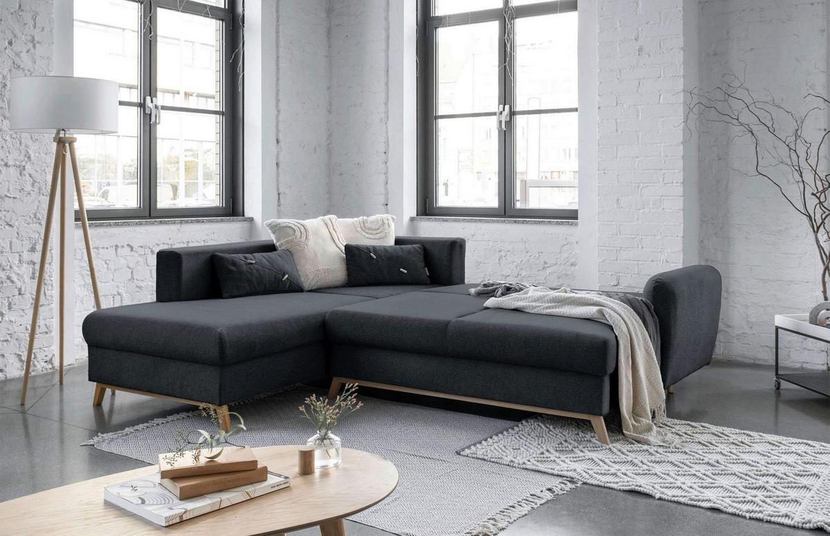 Sedačka LUCILE L, levá, tm.šedá, úl.prostor a lůžko - tmavě šedá/přírodní barvy, dřevo/textil (202/242cm) - MID.YOU