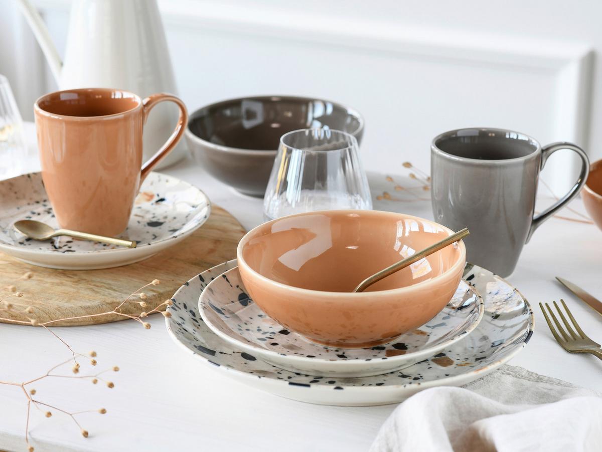 Kombiservice Terrazzo Mix, Grau, 16-Tlg. - Koralle/Multicolor, Basics, Keramik - Creatable