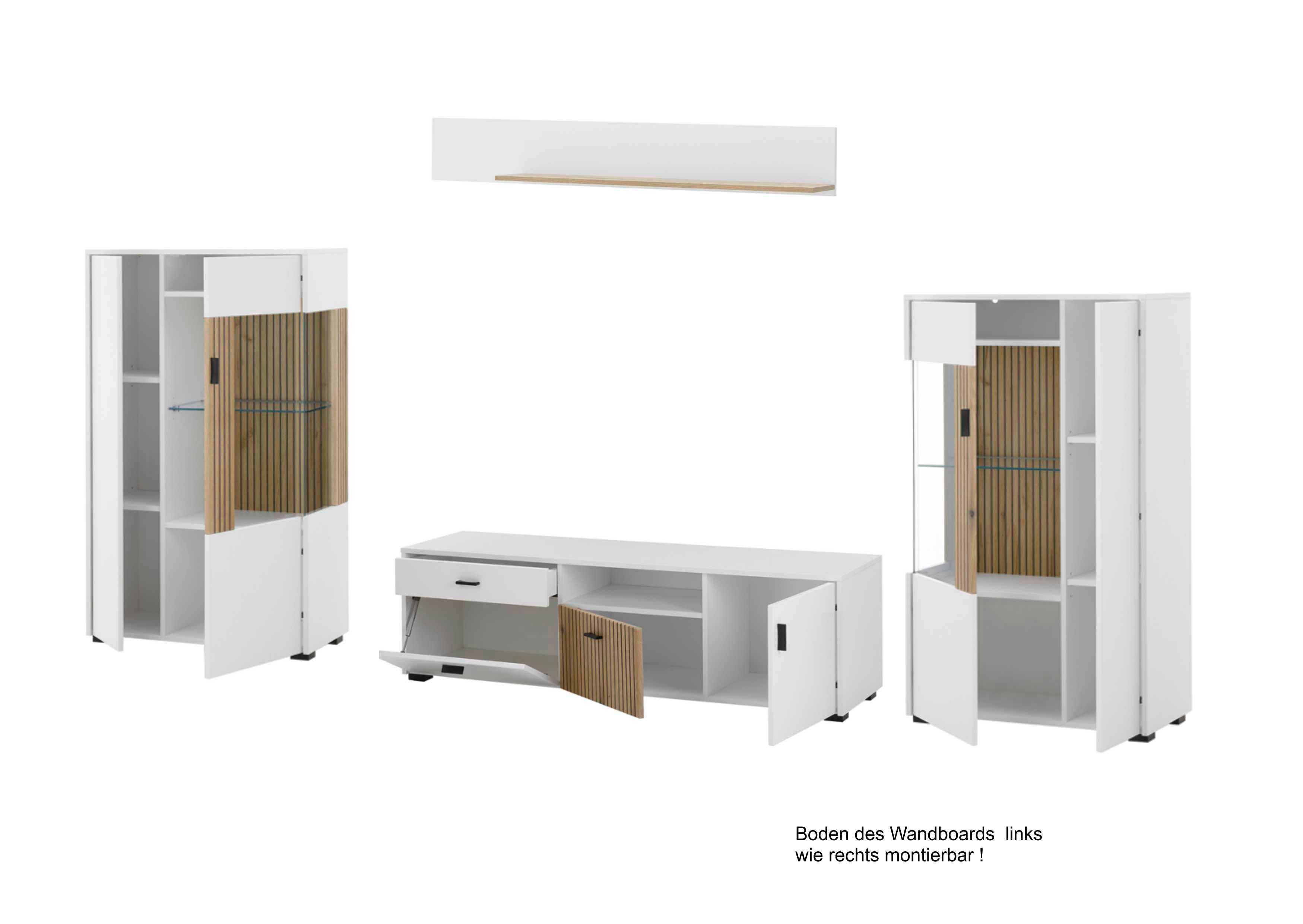 Hudson Wohnwand Weiß/Eichefarben B: 320 cm - Eichefarben/Schwarz, Design, Glas/Holzwerkstoff (320/180/42cm) - MID.YOU