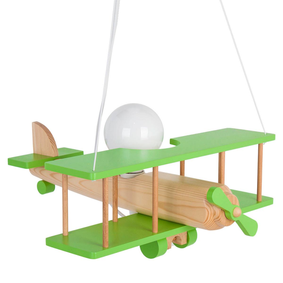 Kinderhängeleuchte Flugzeug H: 75 cm 1-Flammig - Naturfarben/Grün, KONVENTIONELL, Holz (42/45/75cm)