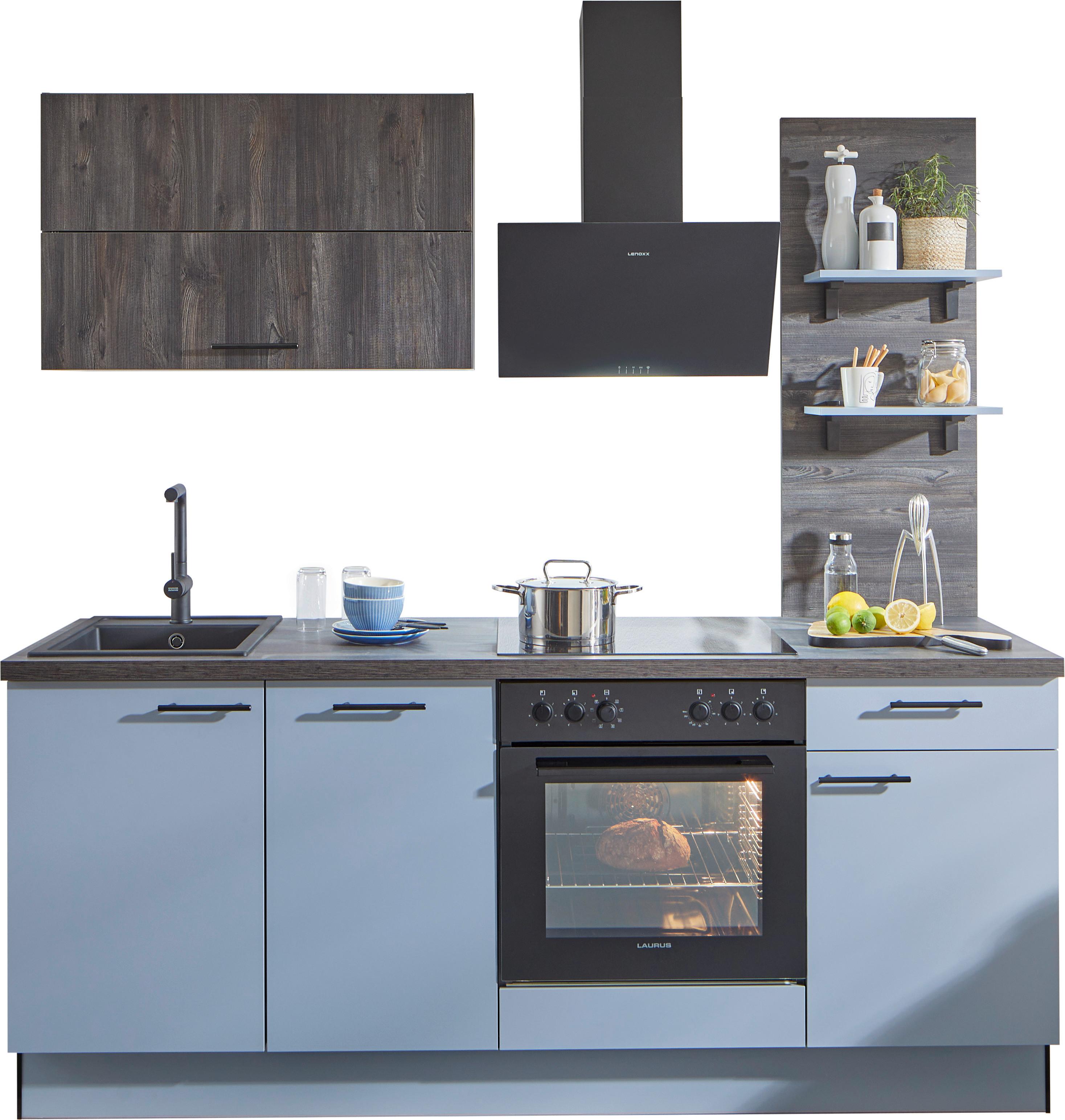 Küchenblock Pn105 / Pn100 - Eiche dunkel/Pastellblau, Basics, Holzwerkstoff (205cm) - Pino