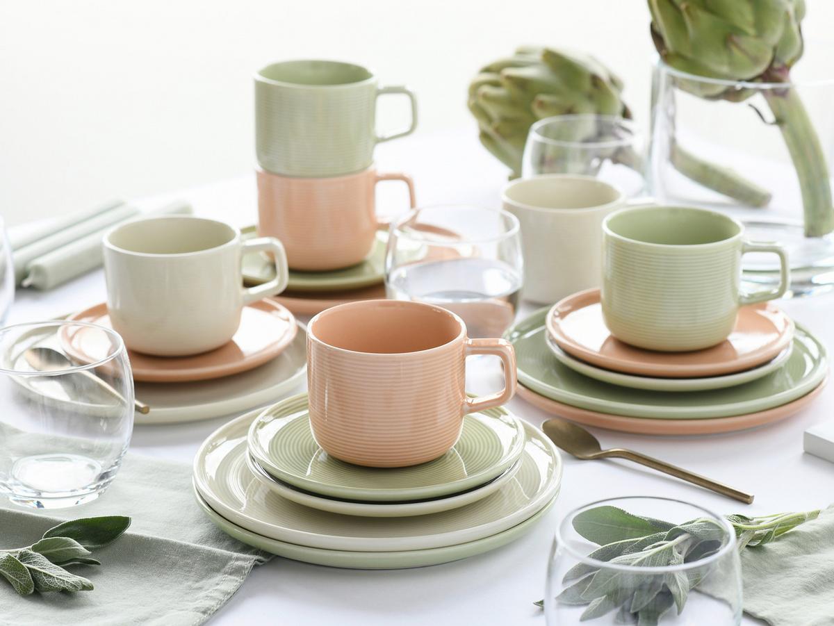 Kaffeeservice 18-Teilig. Porzellan, multicolor - Salbeigrün/Creme, Basics, Keramik - Creatable