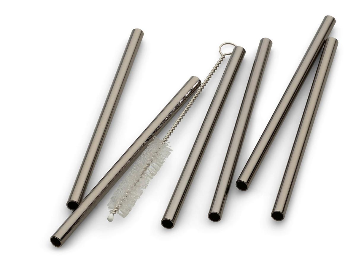 Trinkhalmset 6 Stück Inkl. Bürste, Metall, Schwarz - Schwarz Hochglanz, Basics, Metall (12cm) - Echtwerk