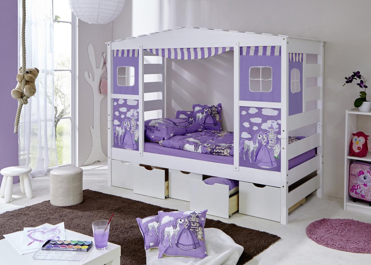 Posteľ v tvare domčeka LIO záves fialový - orgovánová, Modern, drevo (90/200cm) - MID.YOU